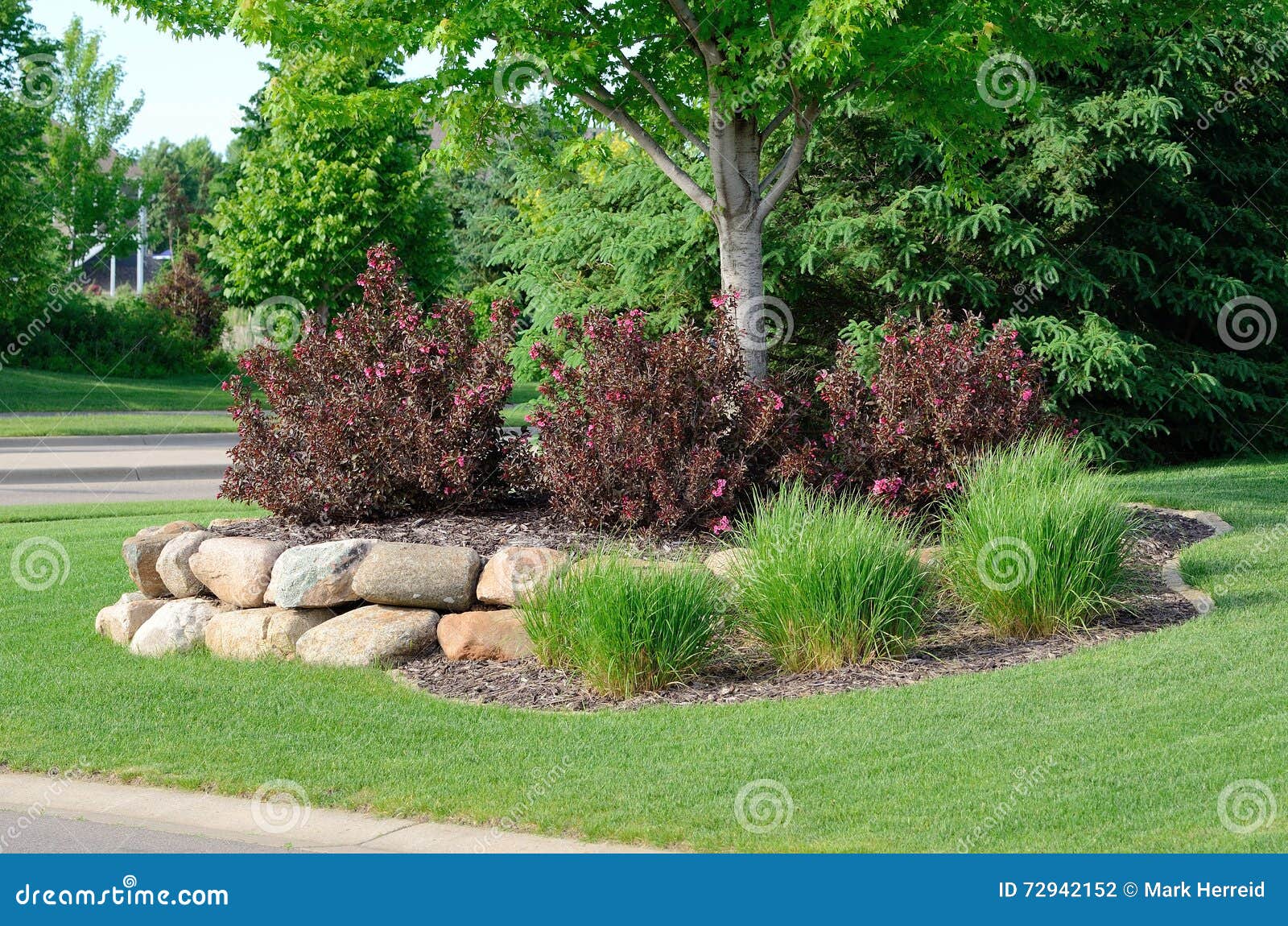 landscaping with weigela shrubs and rock retaining wall