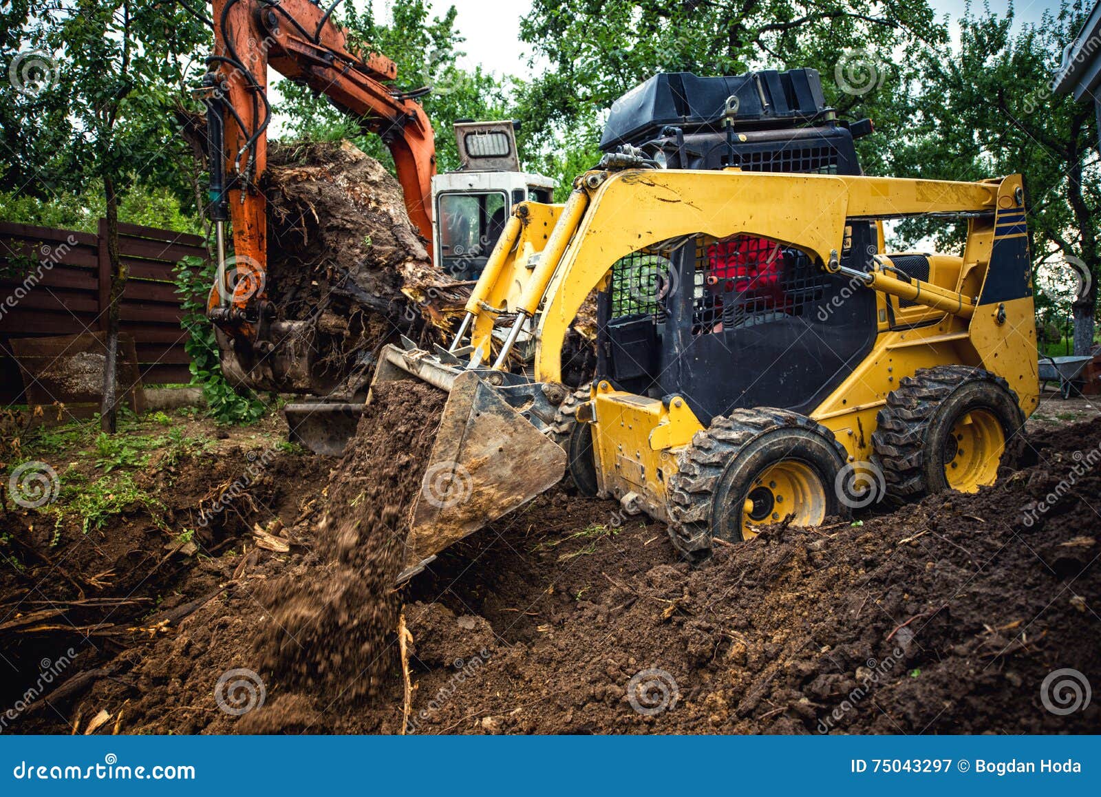 Landscaping Works with Bulldozer and Excavator at Home Construction