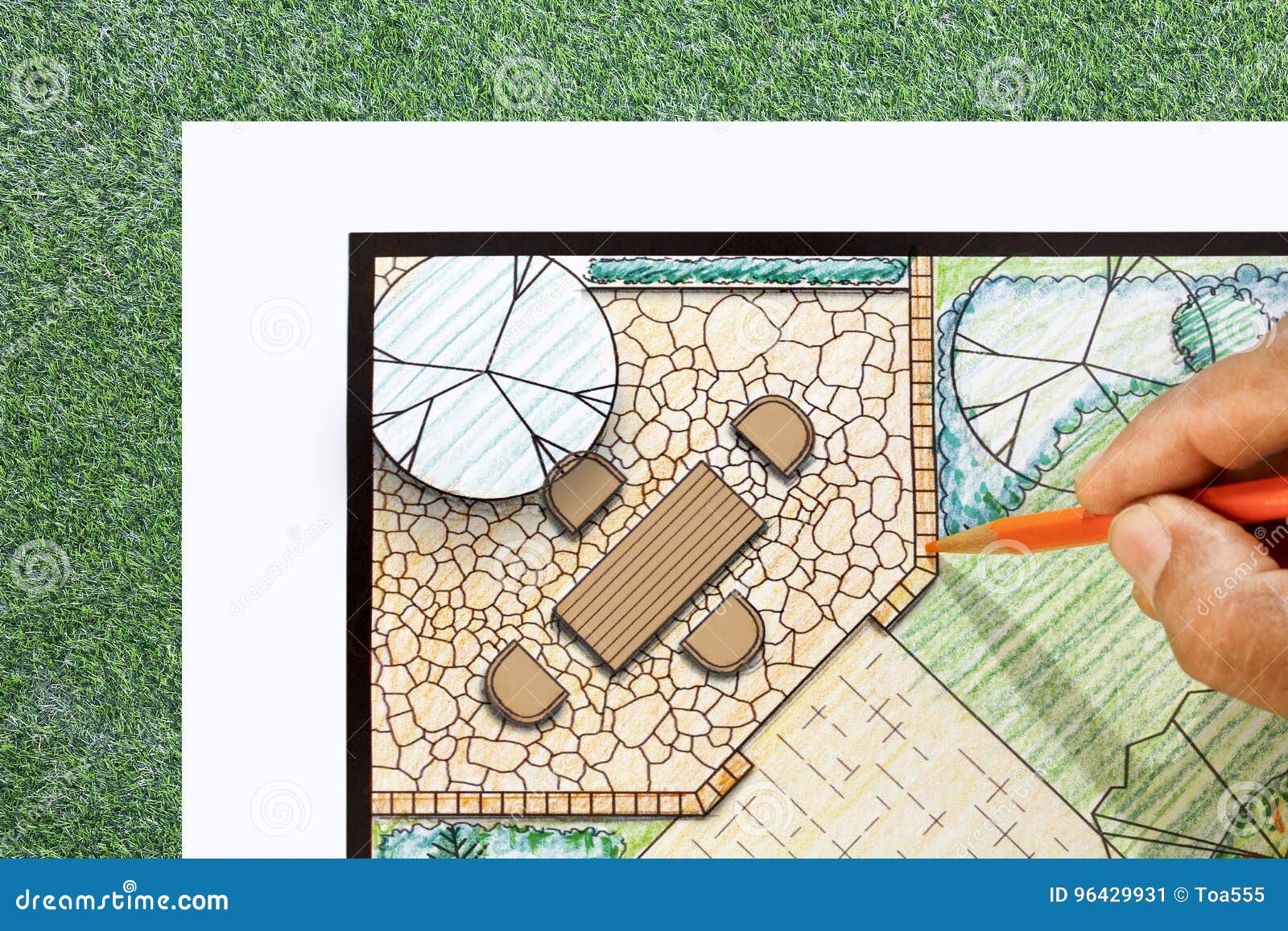 LandschaftsarchitektDesignpatio Im Gartenplan Stockbild Bild von