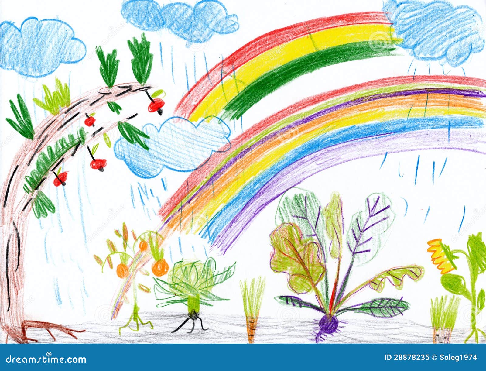 Landschap Met Regenboog. Kind Tekening. Stock Illustratie - Illustratie bestaande uit wolk, verf ...