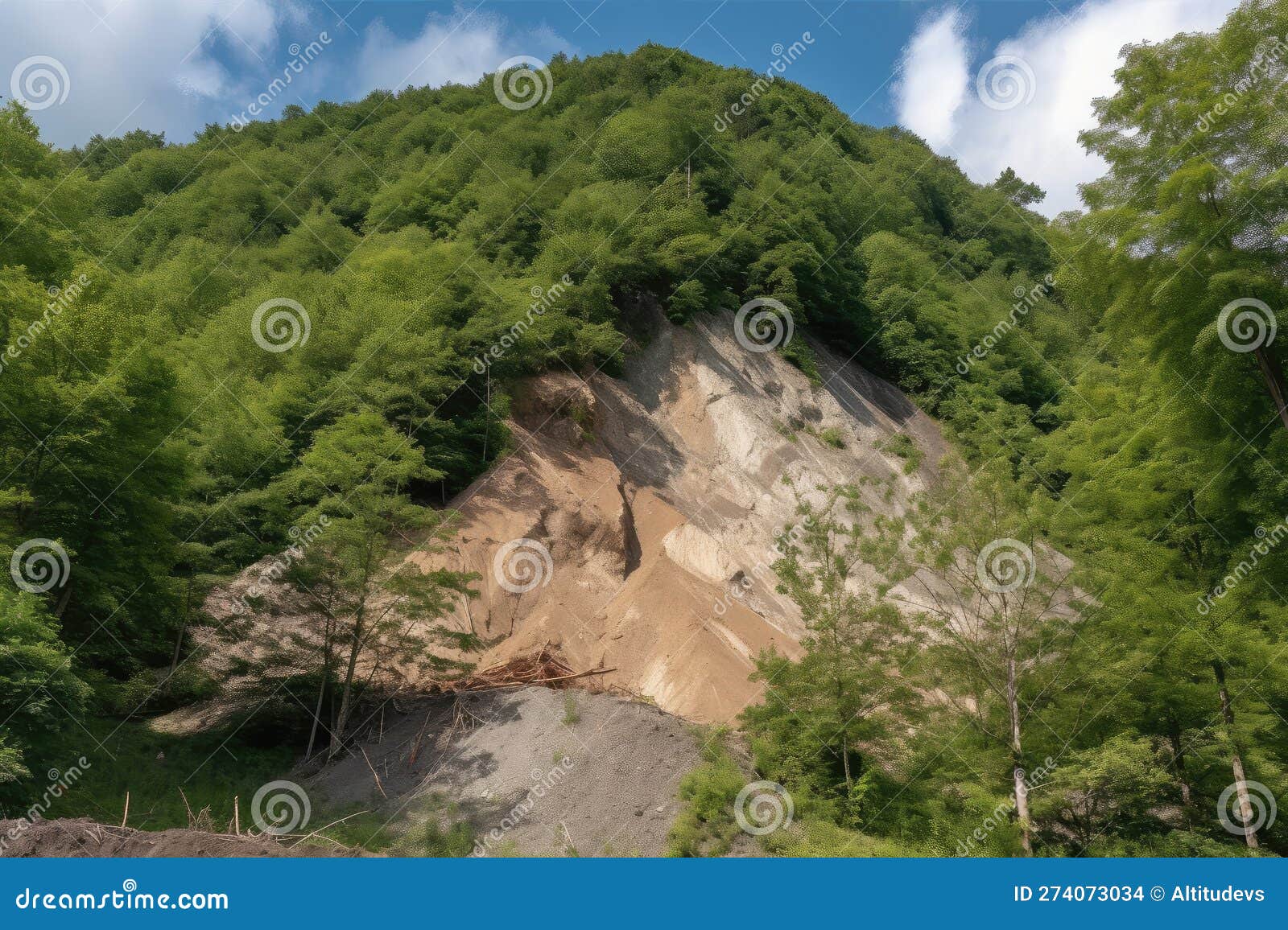 Landslide at the Base of a Mountain, with the Trees and Rocks on Its Way Down Stock Photo