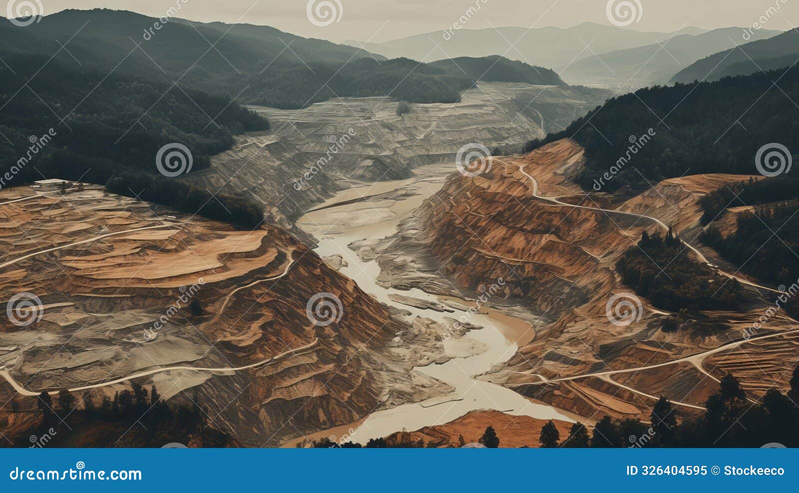 aerial view of landslide with flat duotone color scheme