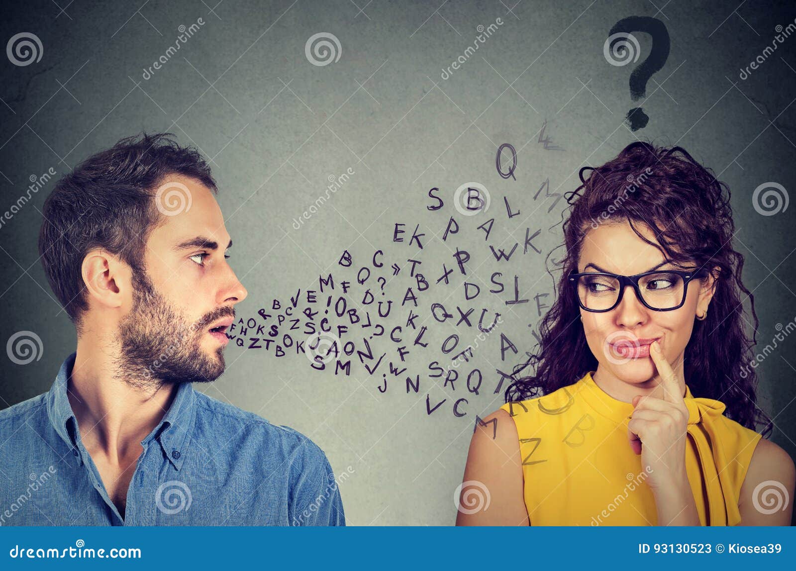 language barrier concept. man talking to a young woman with question mark