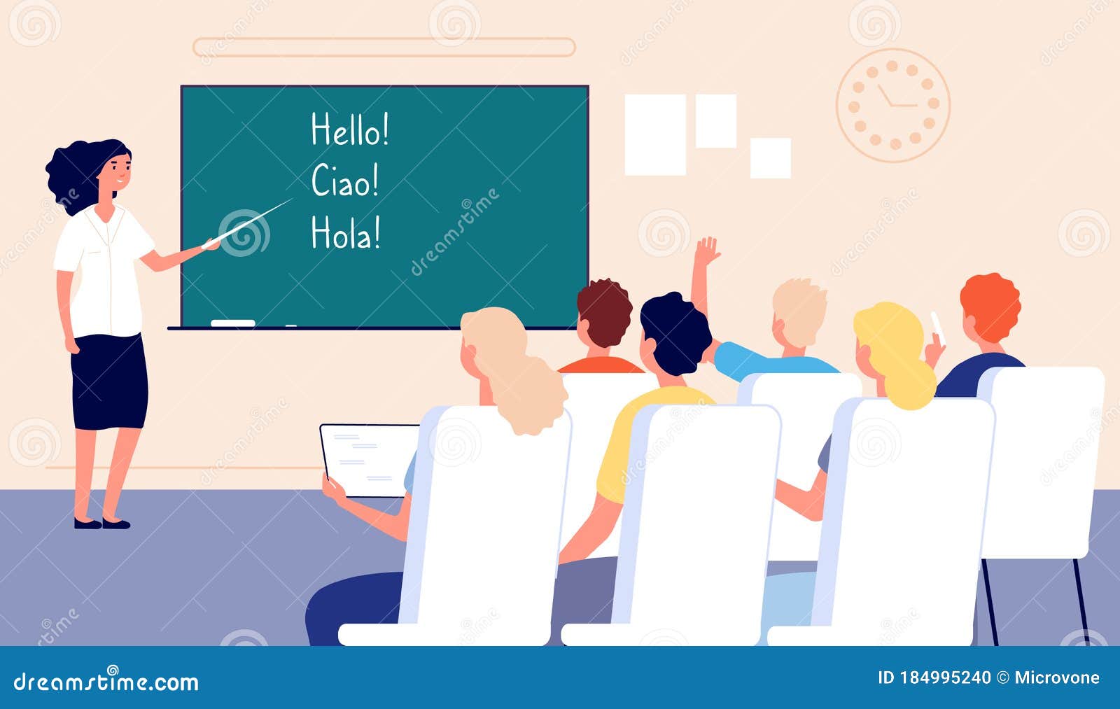 Language Lesson. Students at School, Classroom and Teacher at Chalkboard  Stock Vector - Illustration of color, design: 184995240