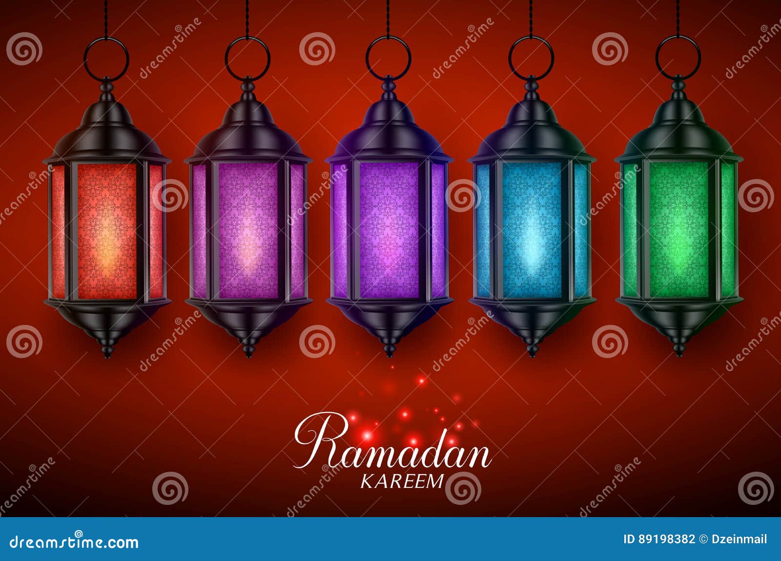 Colorful Ramadan Kareem. Hanging Arabic Gold Stars And 