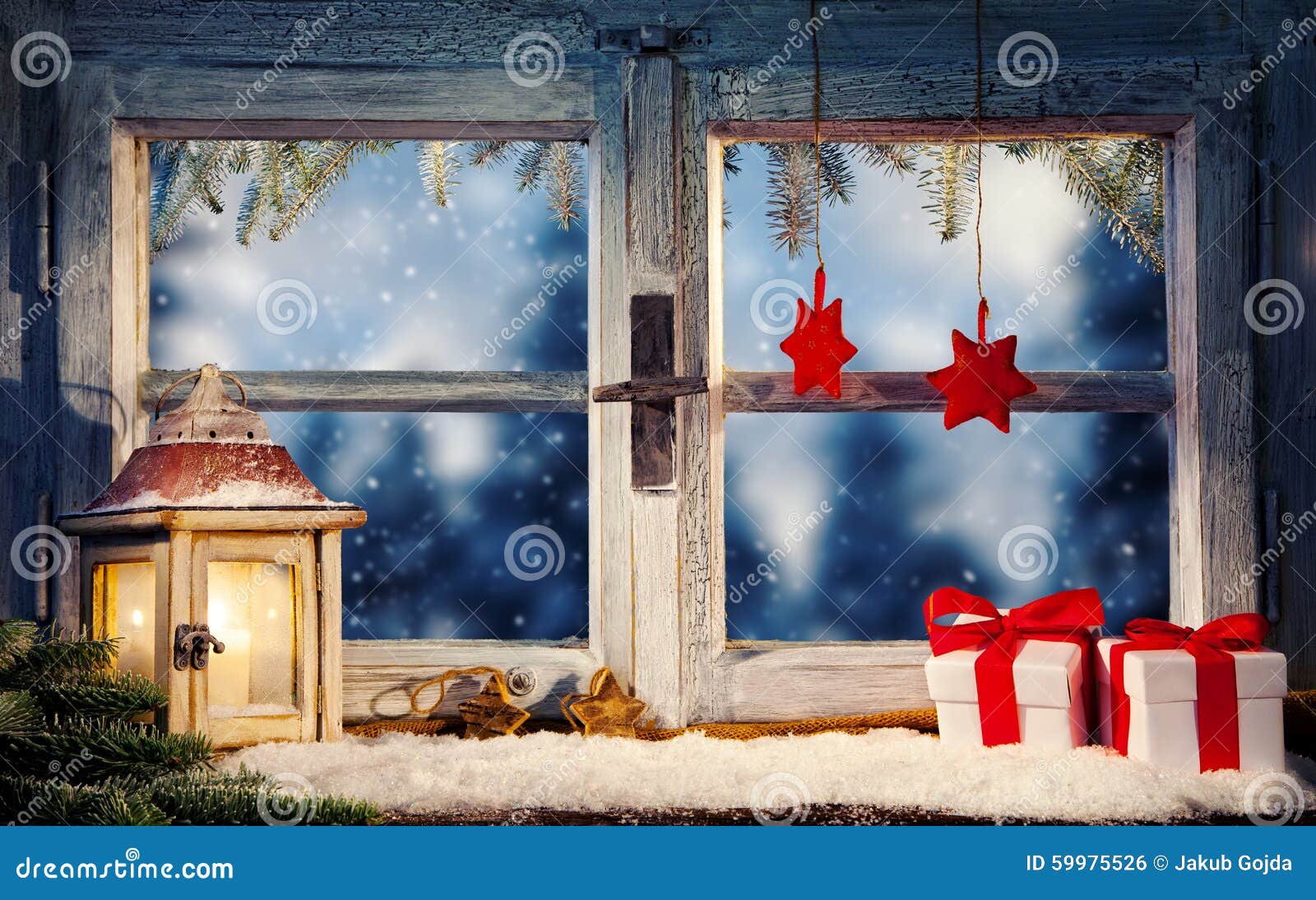 Lantern On Window Sill In Winter Stock Photo - Image of mood, trees ...