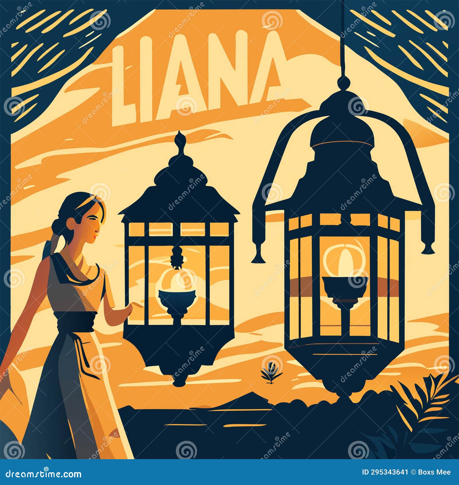 Lanterns and Lamps on the Background of the Sunset. Vector Illustration