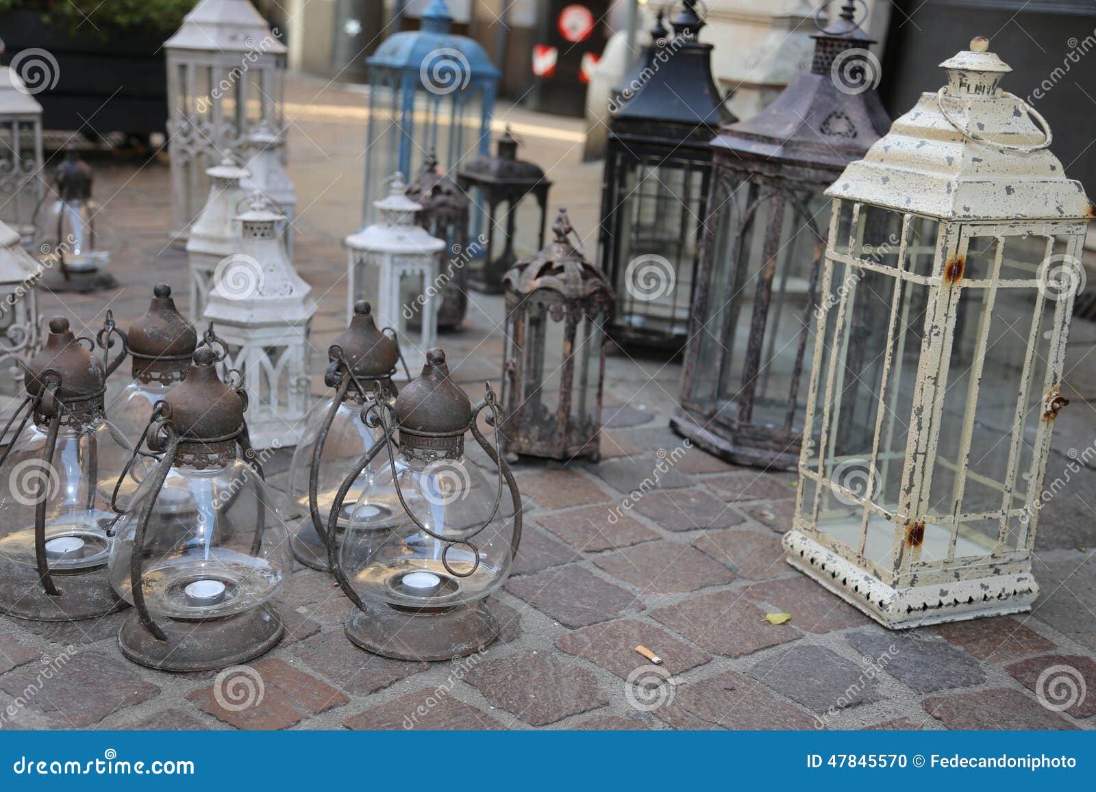 Lanterns and Lights for Sale at Flea Market Stock Photo Image of