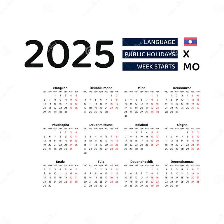 Laos Calendar 2025. Week Starts from Monday. Vector Graphic Design