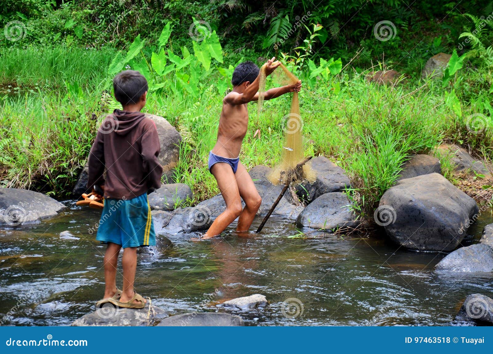 Laotian Children Fisher Using Fishing Net Catch Fish in Stream Editorial  Stock Photo - Image of life, children: 97463518