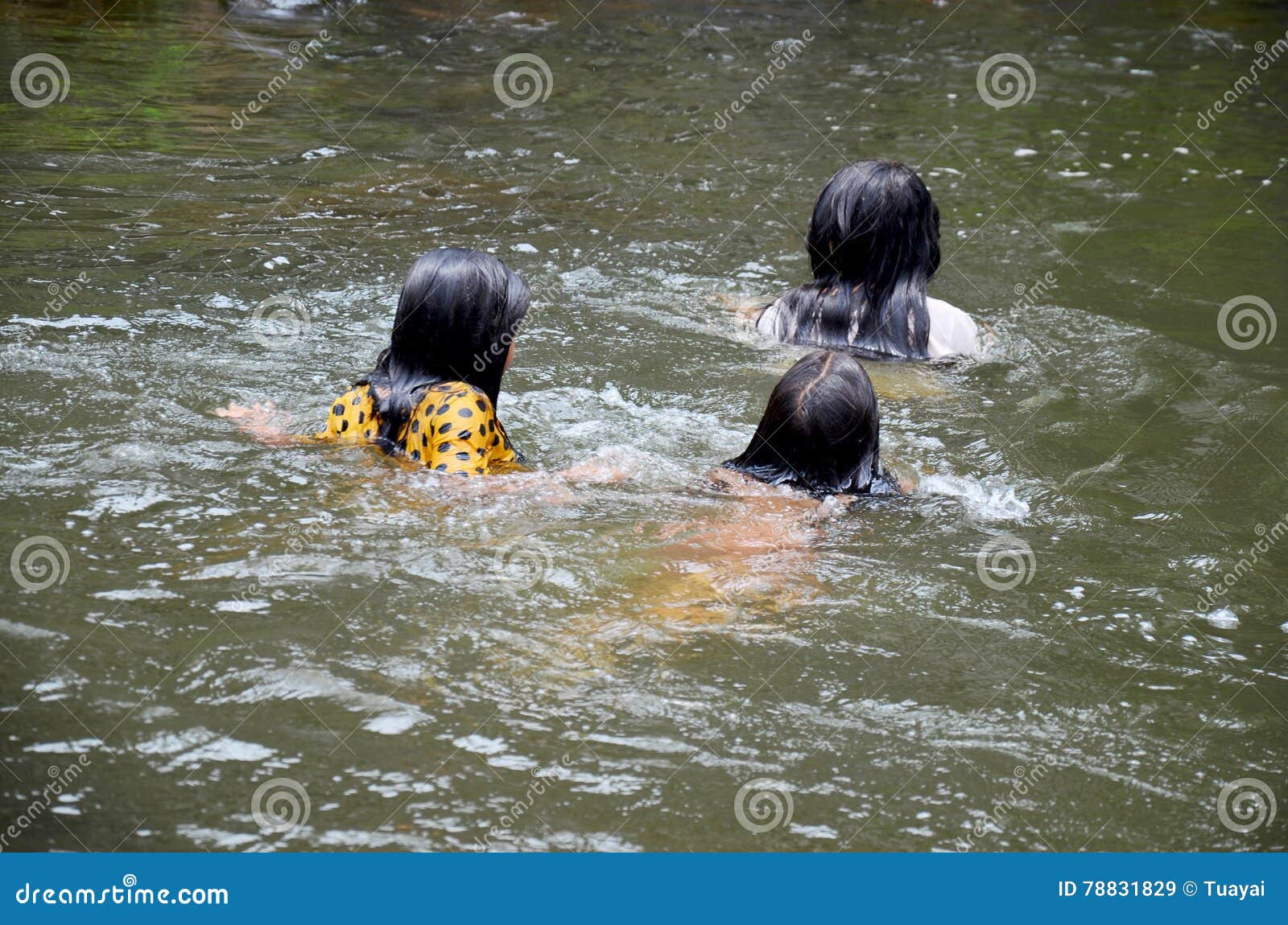 Laotian Three Girl People Play and Swimming in Stream of Tad Yea Editorial Stock Image