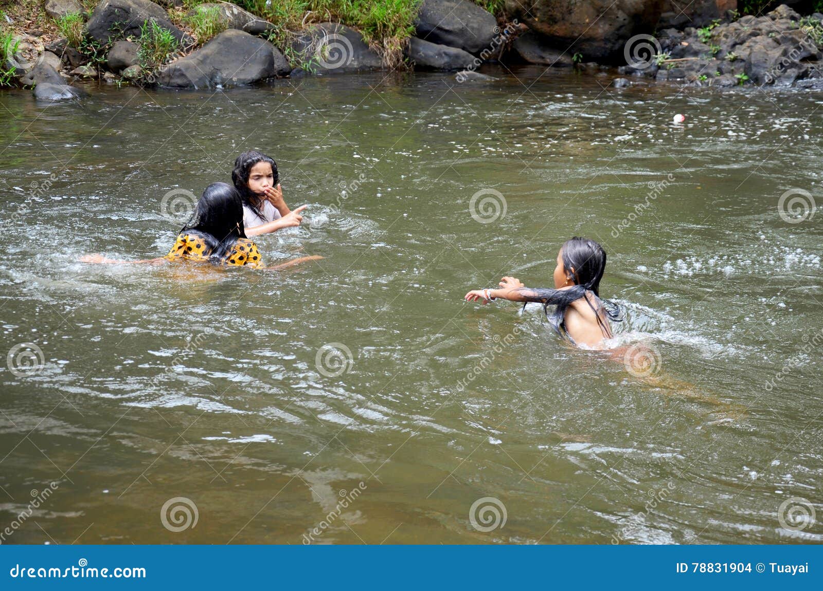 Laotian Three Girl People Play and Swimming in Stream of Tad Yea Editorial Stock Image