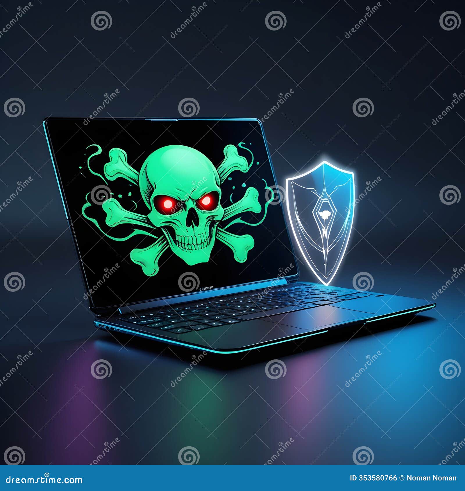 a laptop featuring a skull and shield , izing a blend of technology and protection.ai generated