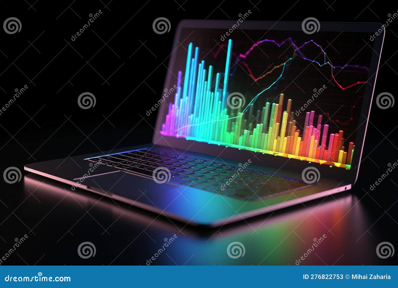 a laptop with analytical data and chart flows. 3d rendering . generative ai