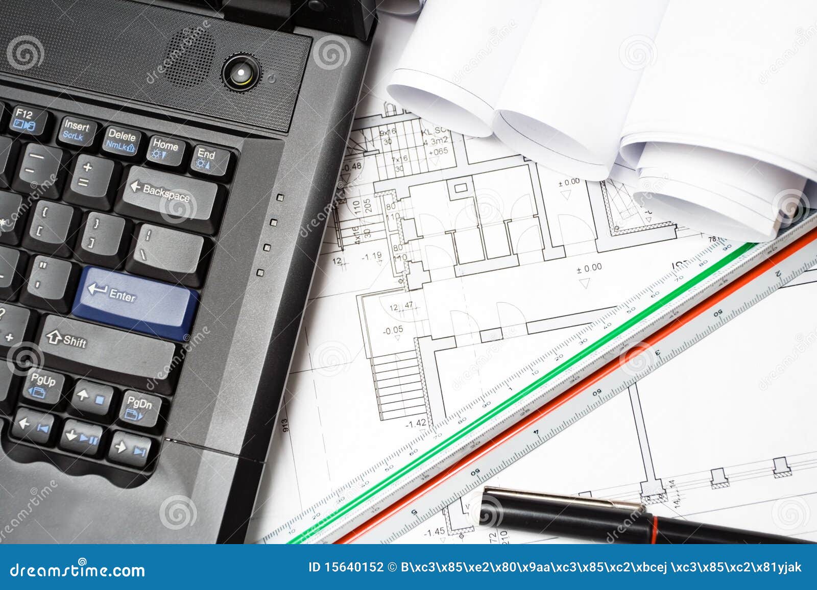 Laptop and Architect Blueprints Stock Photo Image of roll, house 15640152