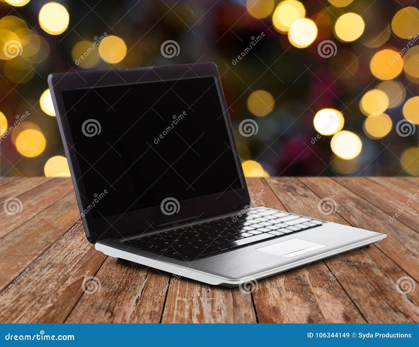 Laptop with Black Screen Over Christmas Lights Stock Image Image of