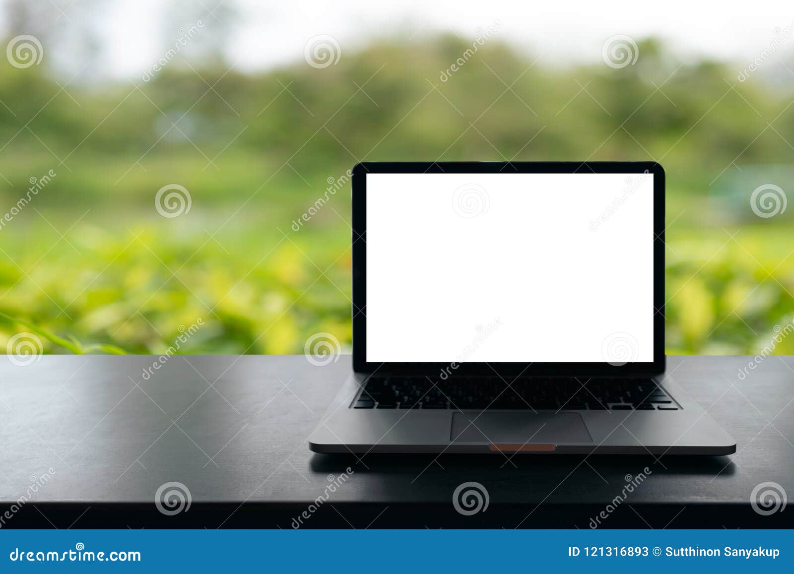 Laptop With Blank Screen On Table, Conceptual Workspace, Laptop