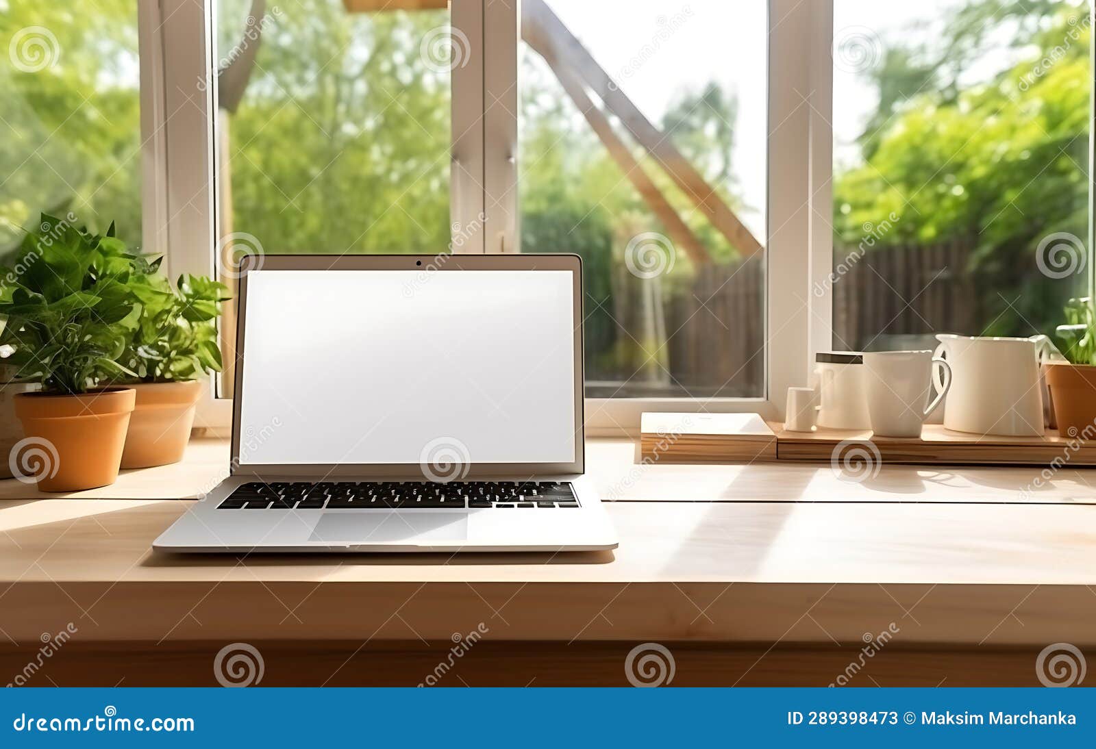 Laptop Blank Screen on the Table by the Window in the Kitchen in a Cozy ...