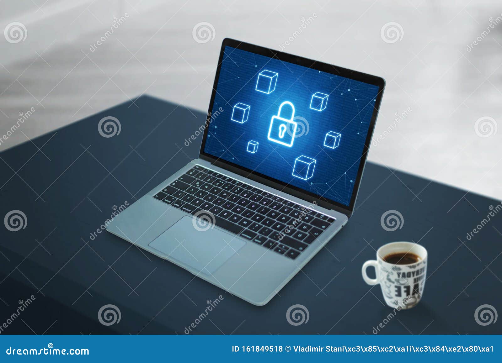 Laptop With Blockchain Security Concept Icons Stock Photo Image