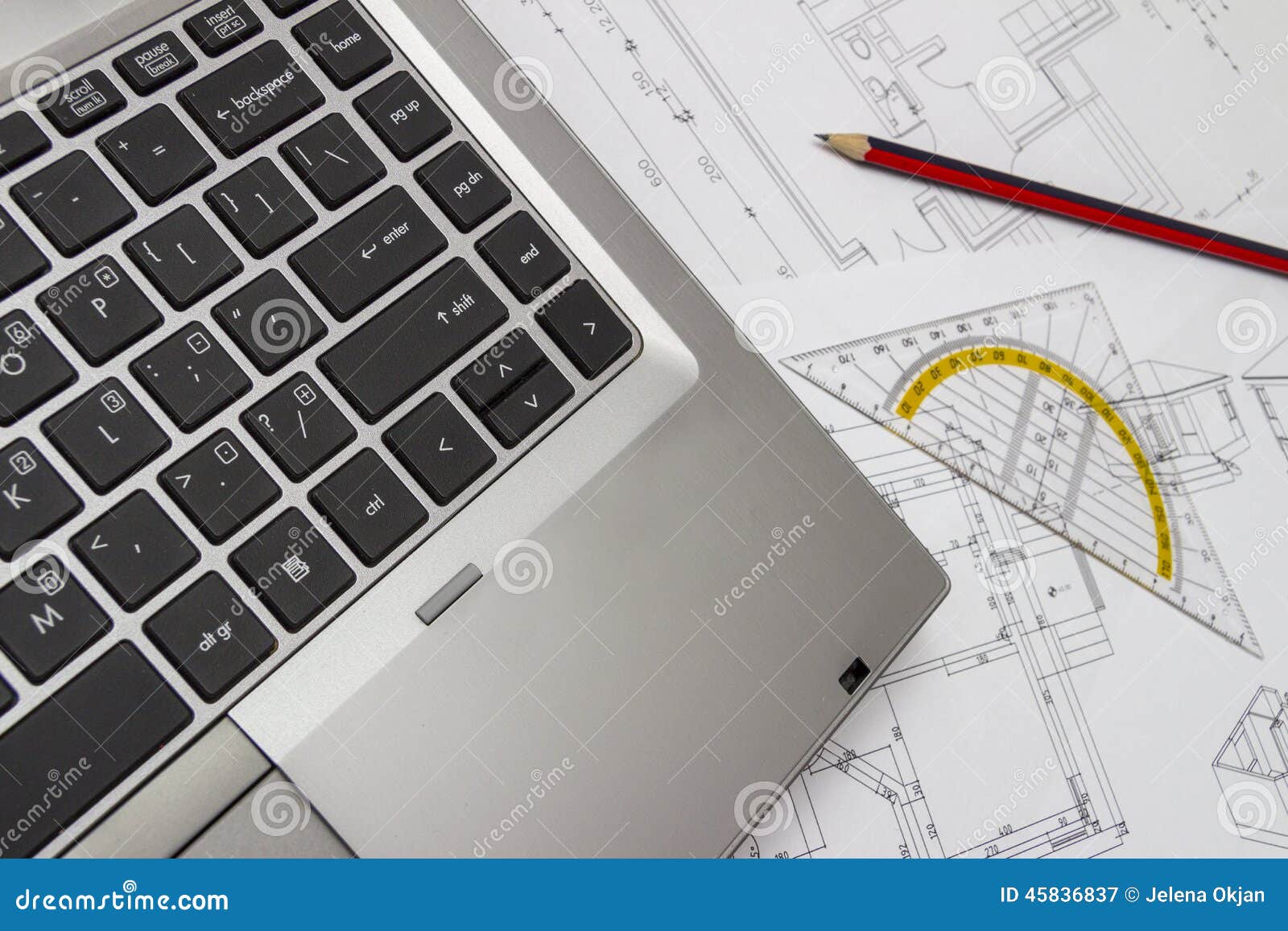 Laptop and Blueprints stock image. Image of drafting 45836837