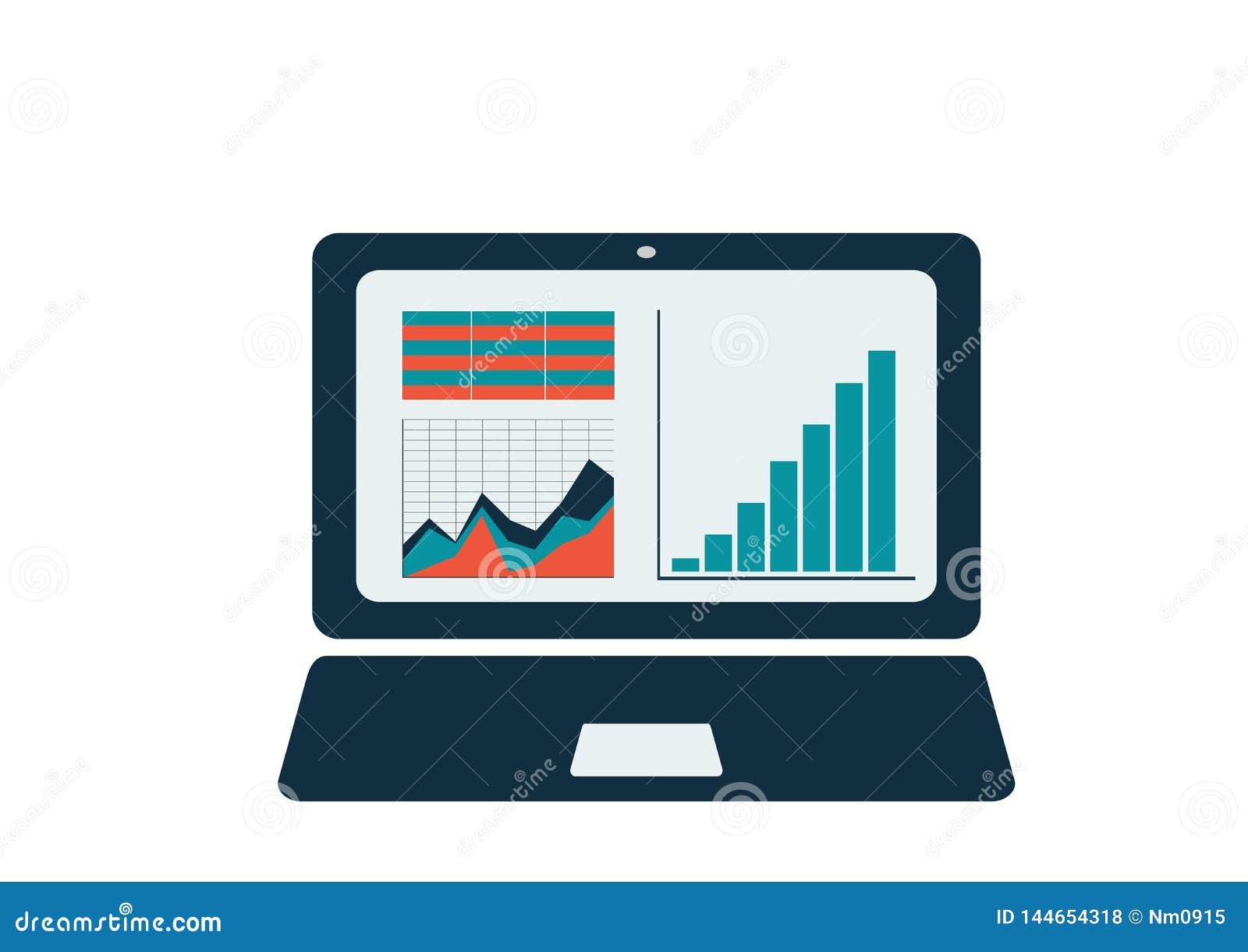 Laptop With Charts  Diagram And Table On The Screen Stock Vector