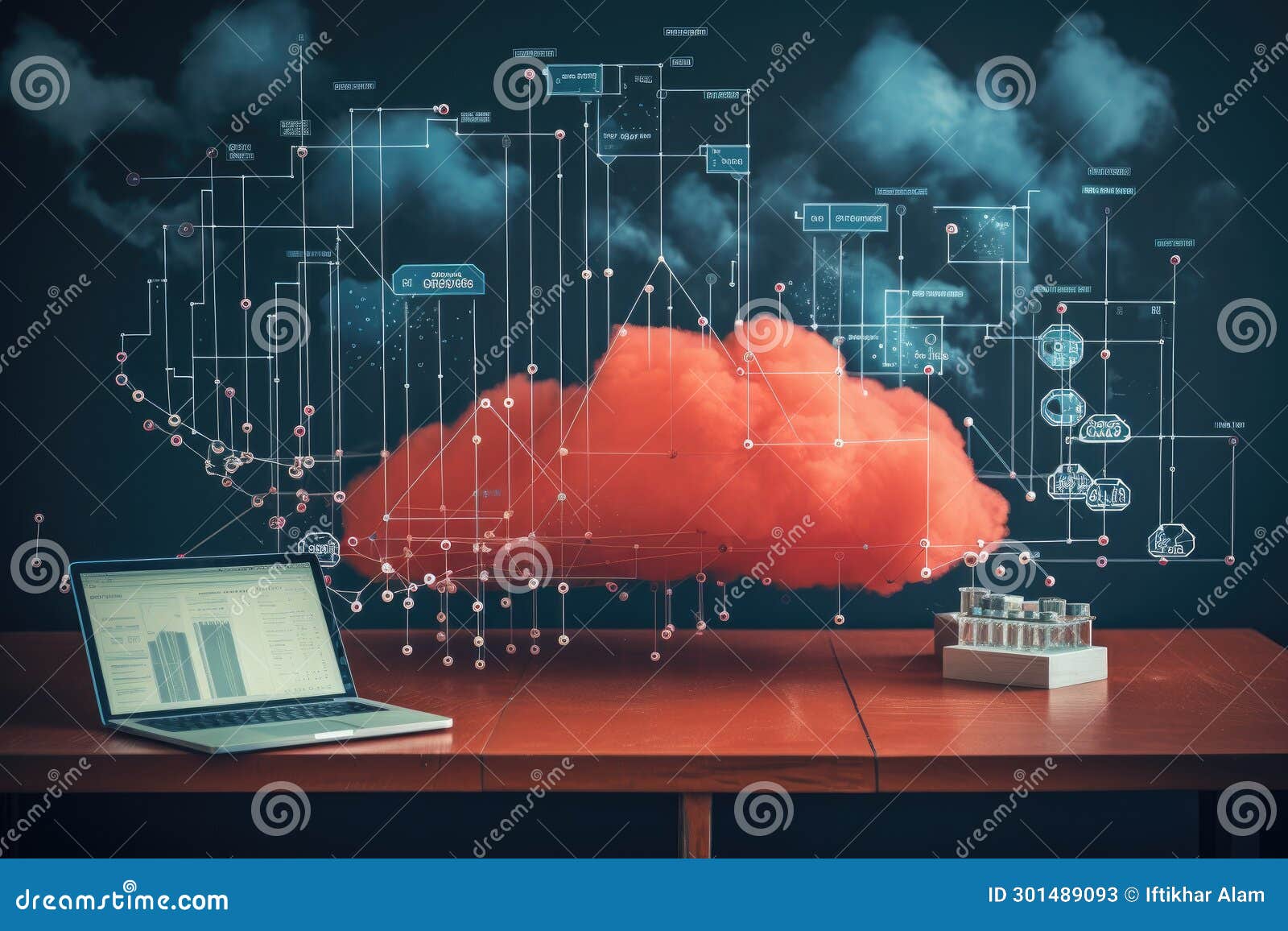 laptop and cloud computing concept. 3d rendering toned image double exposure, datos en la nube y red, concepto de ciencia y