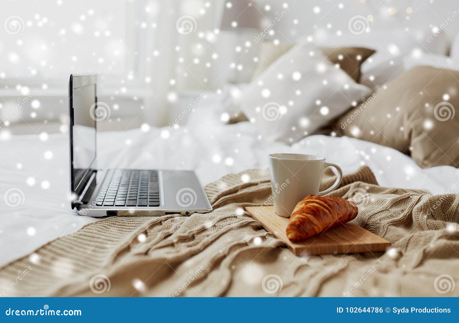 The Laptop And Computer In The Morning On A White Pillow Bed Lifestyle  Concept Stock Photo - Download Image Now - iStock