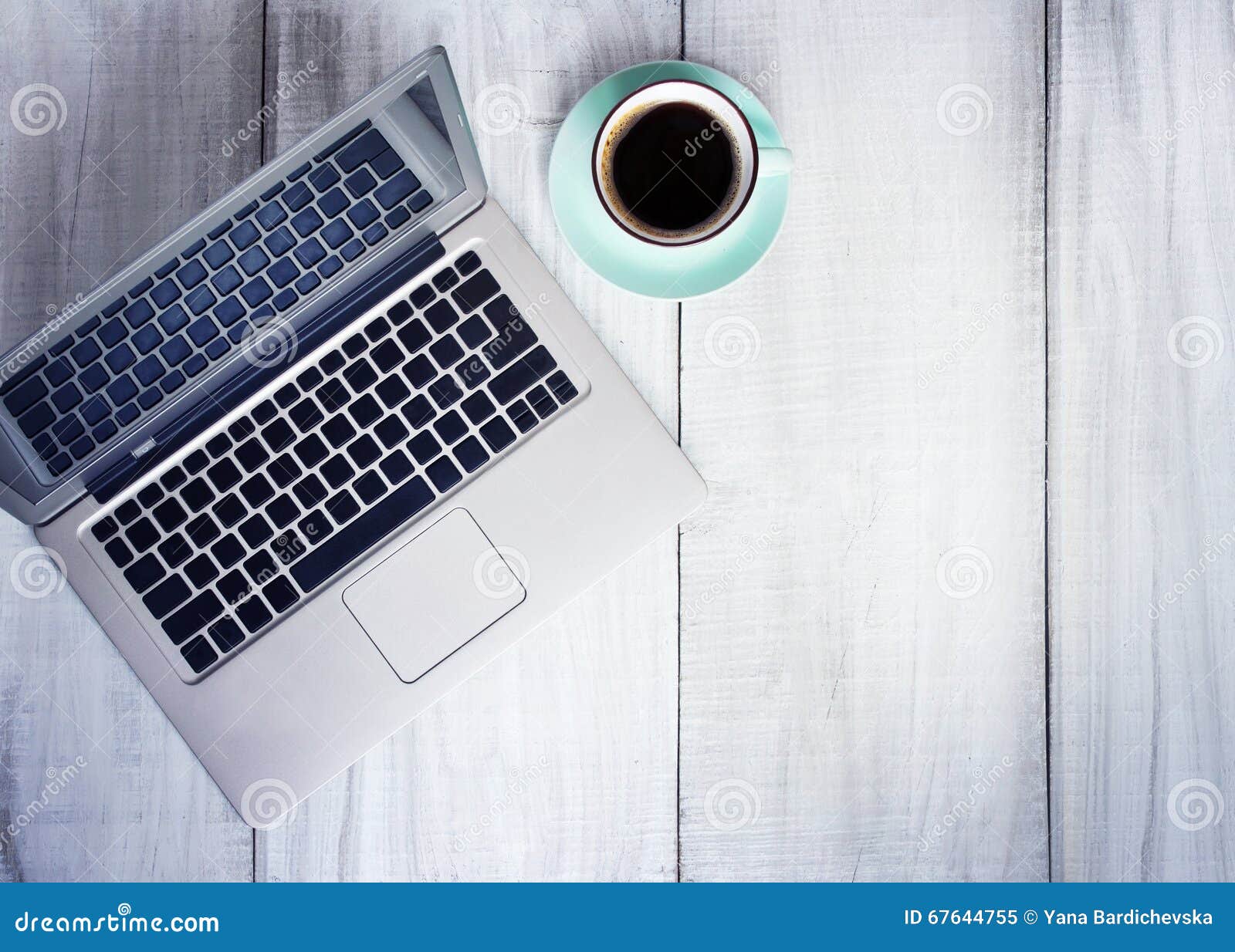 Laptop Coffee Cup Work Place On Wooden Background Empty Space