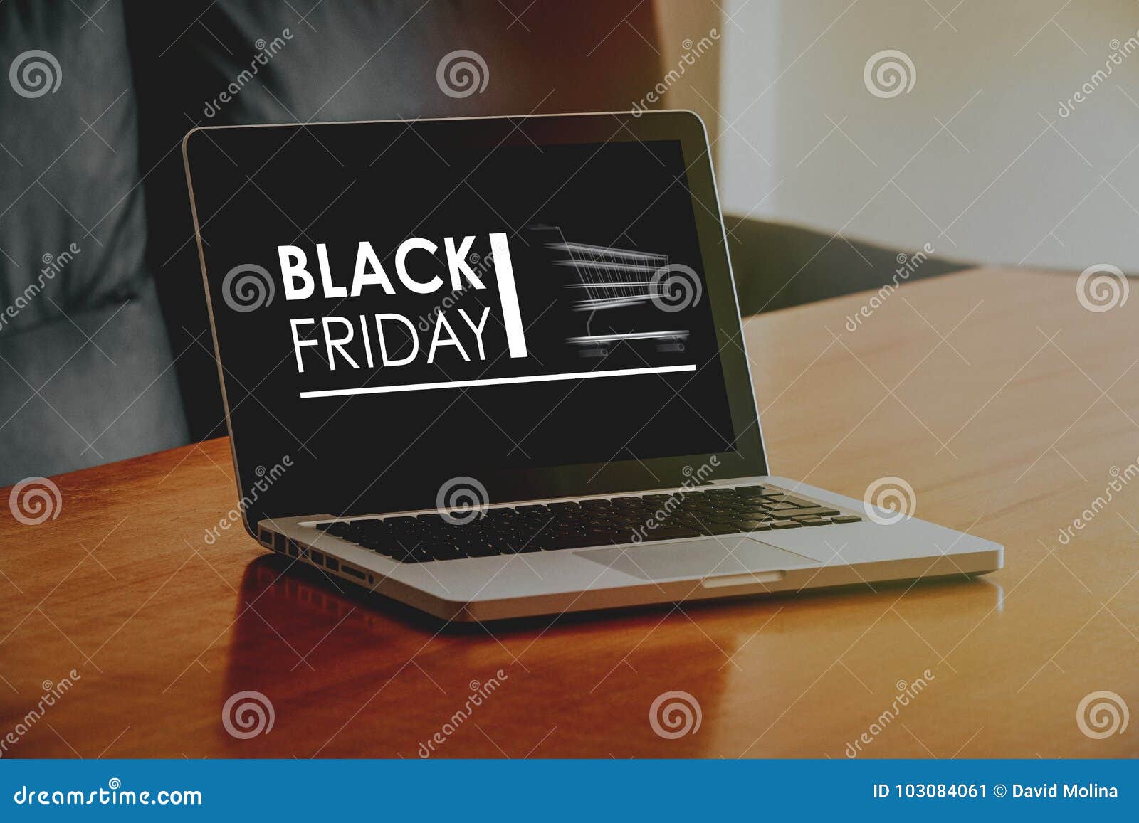 Laptop Computer with Black Friday Banner in the Screen. Stock Image