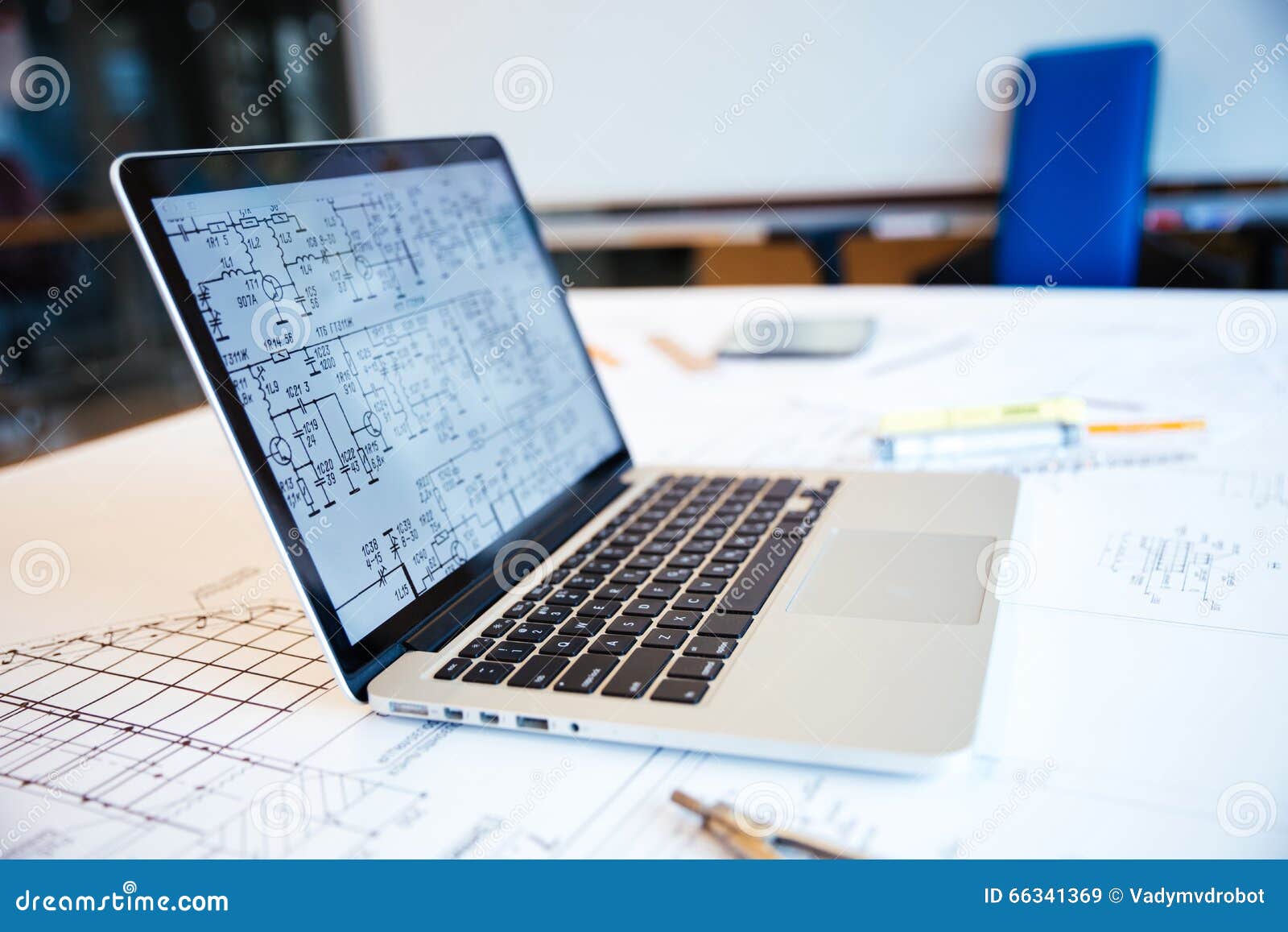 Laptop Computer with Blueprints on Screen Stock Image Image of