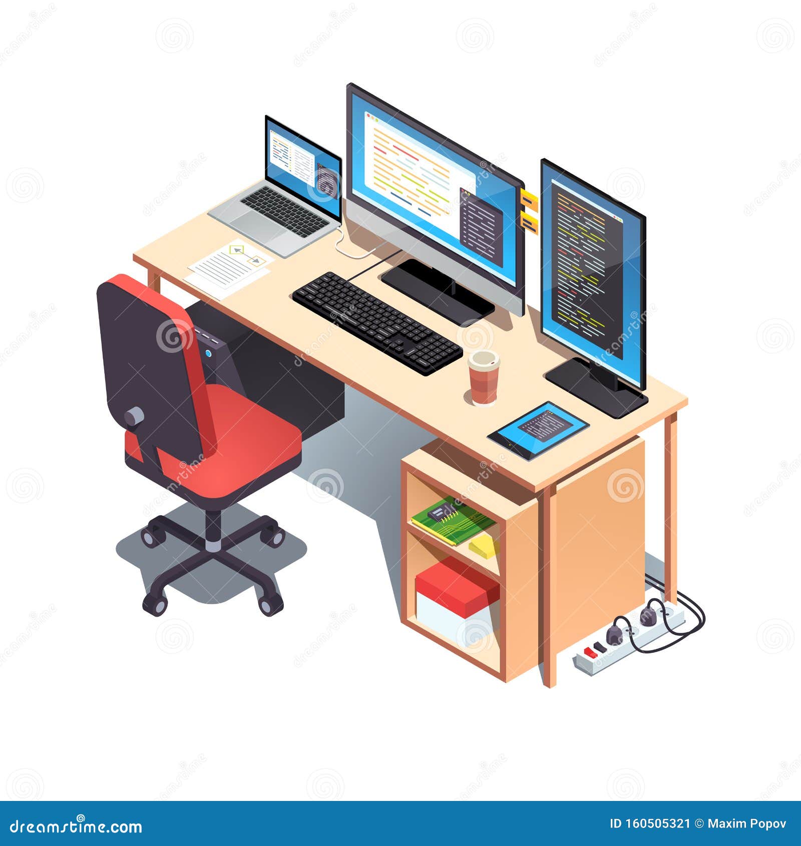 Laptop Computer Desktop Pc Setup Table With Chair Stock Vector