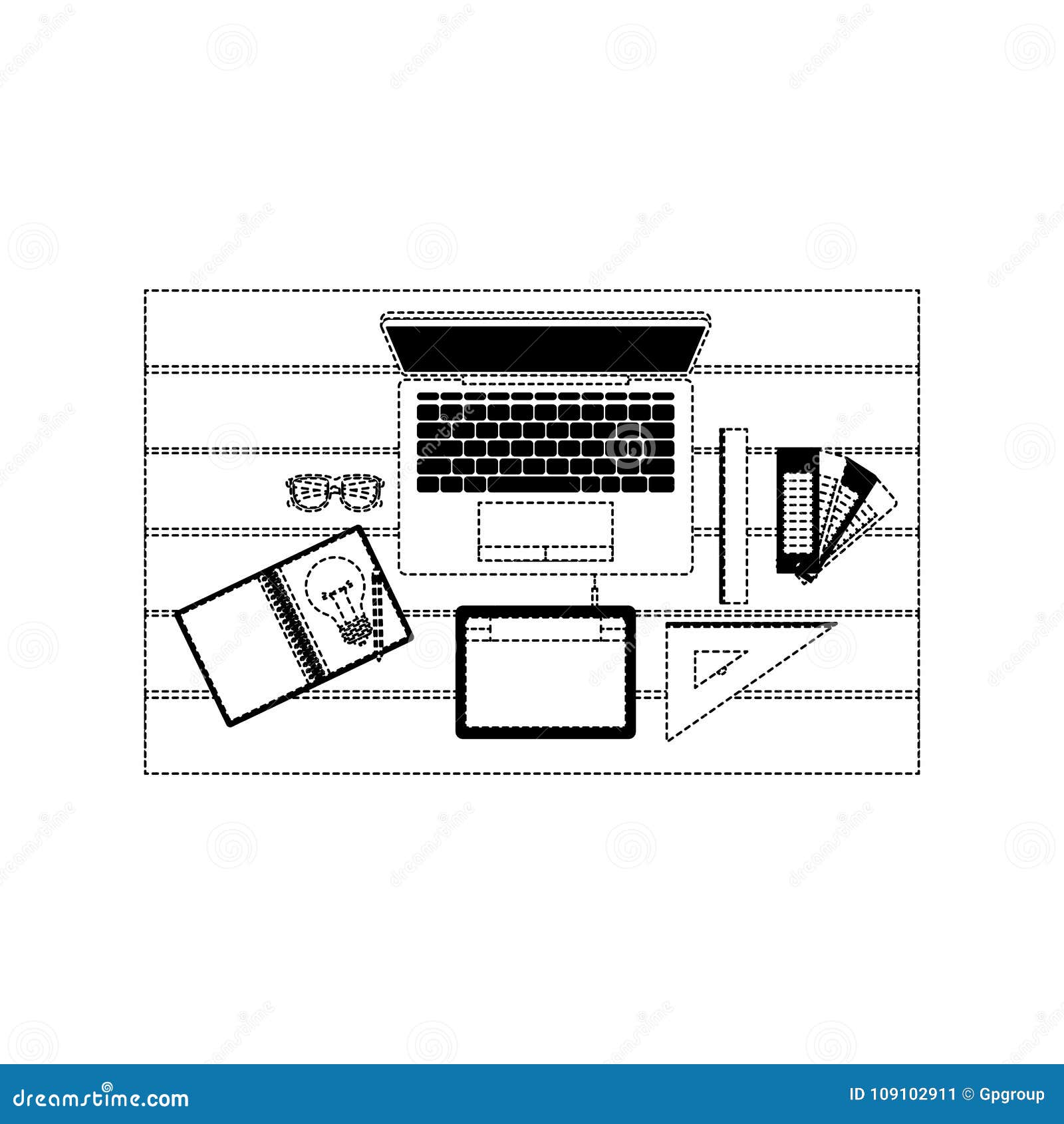 Laptop Computer And Drawing Tools Over Desk On Top View In Black