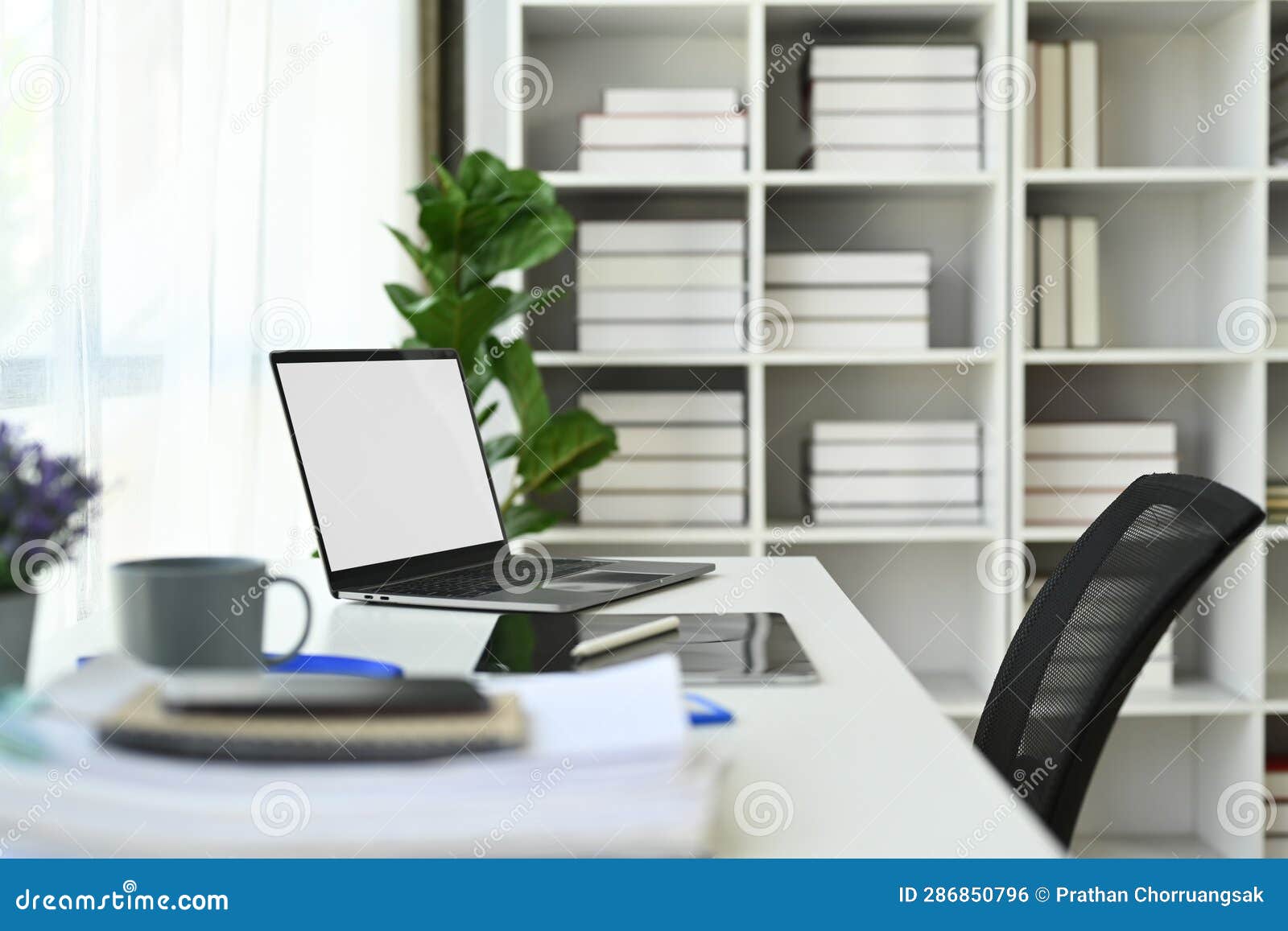 Laptop Computer Empty Screen on Home Office Table. Stock Photo Image