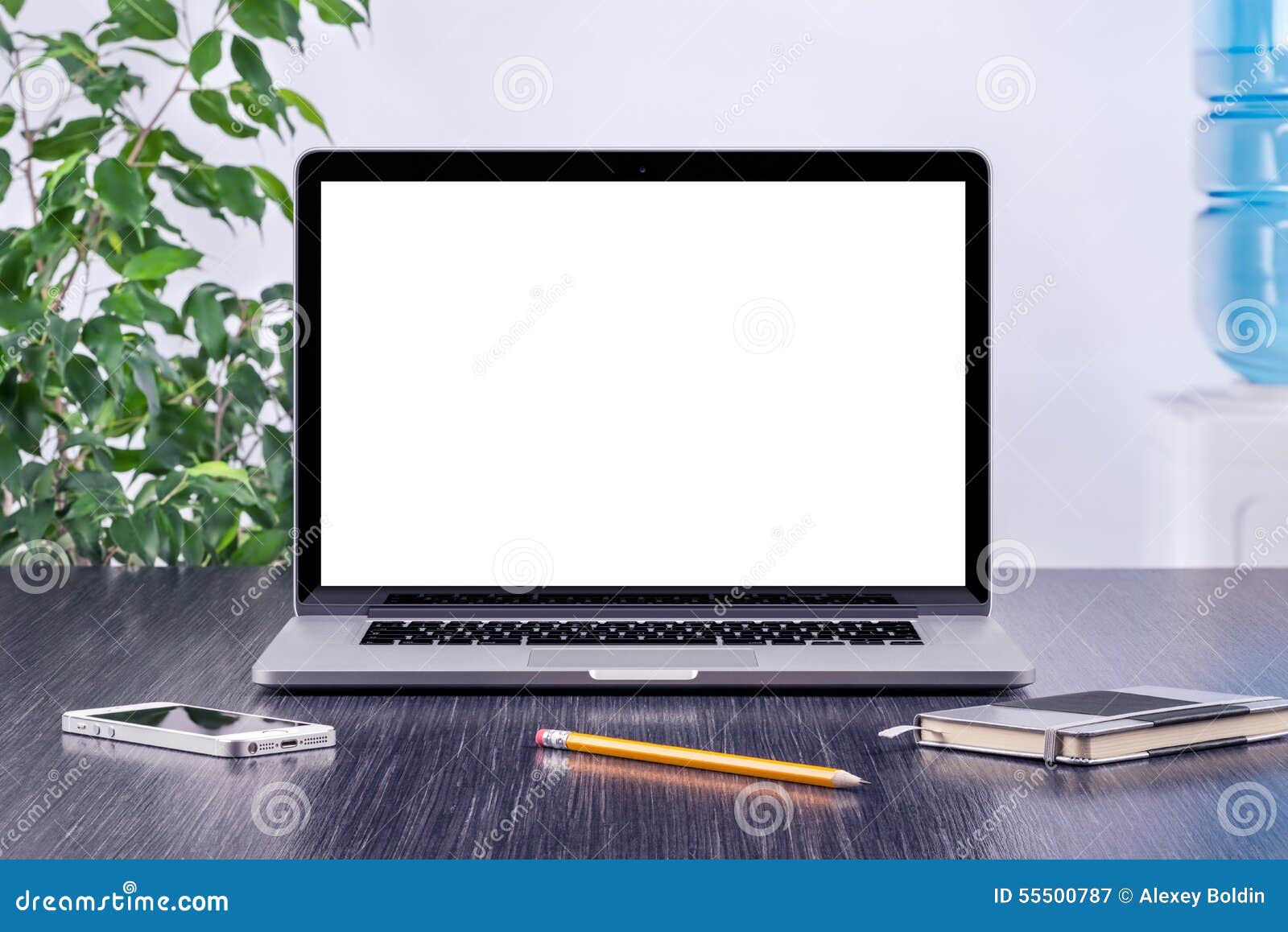 laptop computer mockup blank screen office desk wooden design presentation portfolio all gadgets full focus 55500787