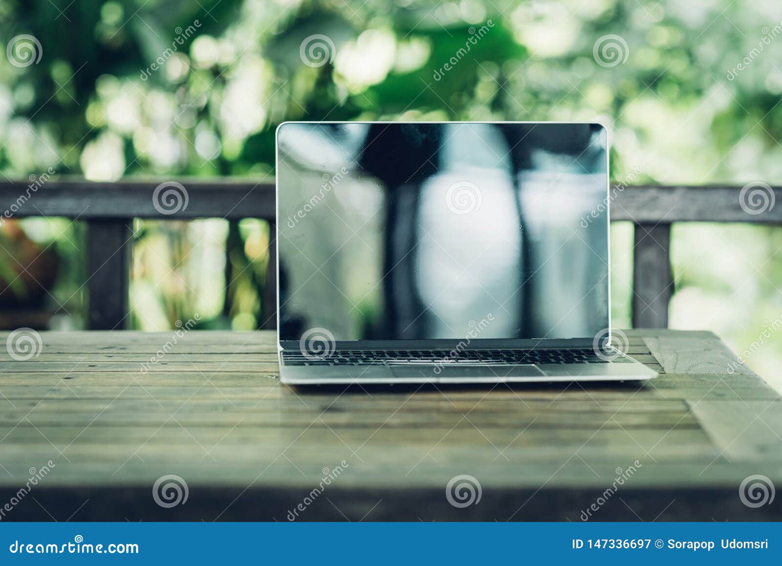 Laptop Computer Mockup Has Empty Screen Outside on Table Stock Image Image of morning