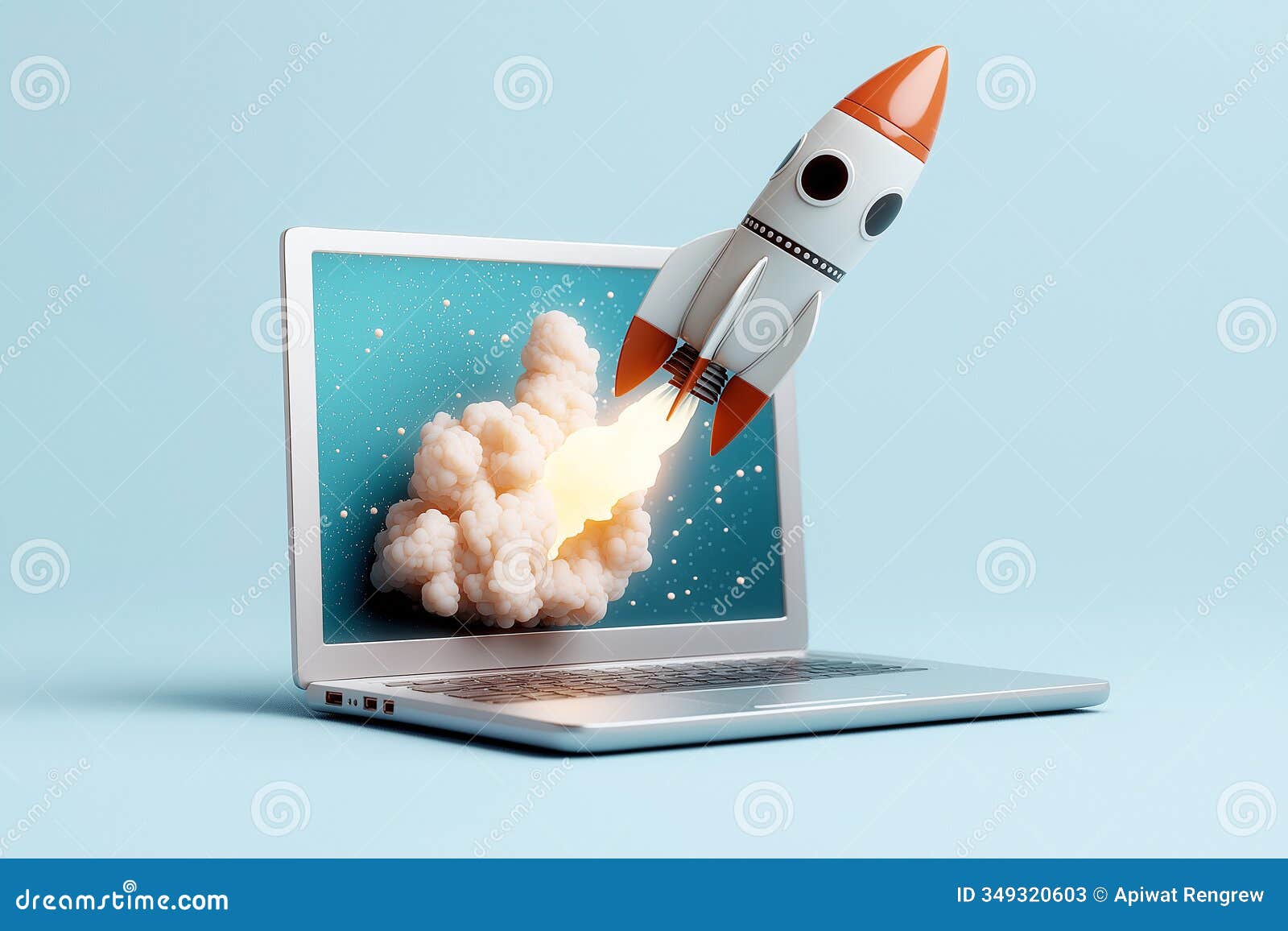 laptop computer with rocket flying out creating cloud of smoke this imaginative scene captures excitement of innovation and