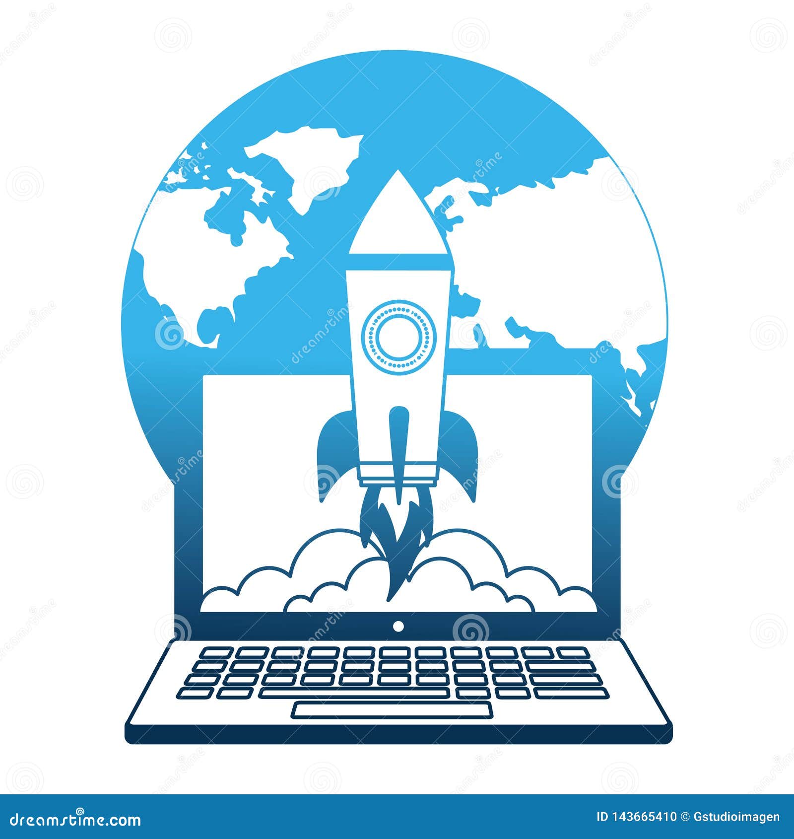 Laptop Computer With Startup Rocket And Planet Earth Stock Vector