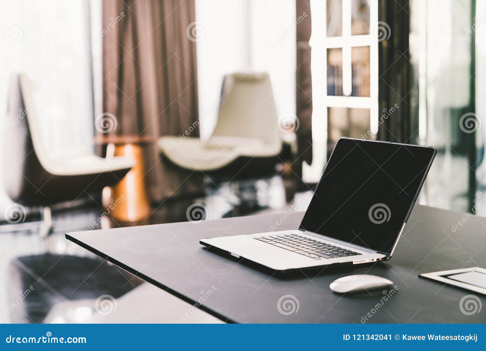 Laptop Computer On Work Table In Modern Luxury Contemporary Office Corporate Business Internet Information Technology Concept Stock Image Image Of Career Design 121342041