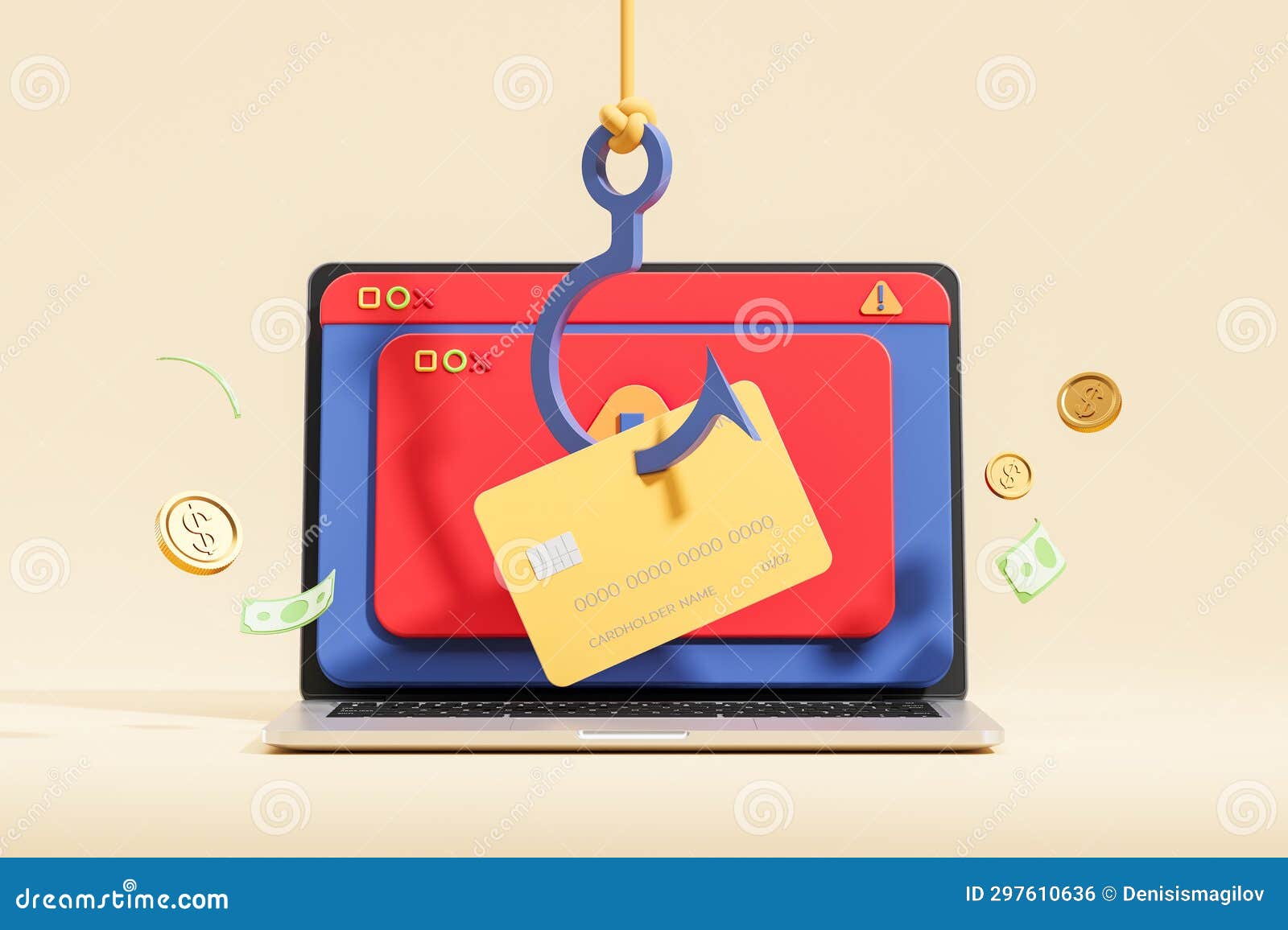 Laptop with Credit Card on Hook, Personal Data Theft Stock Illustration