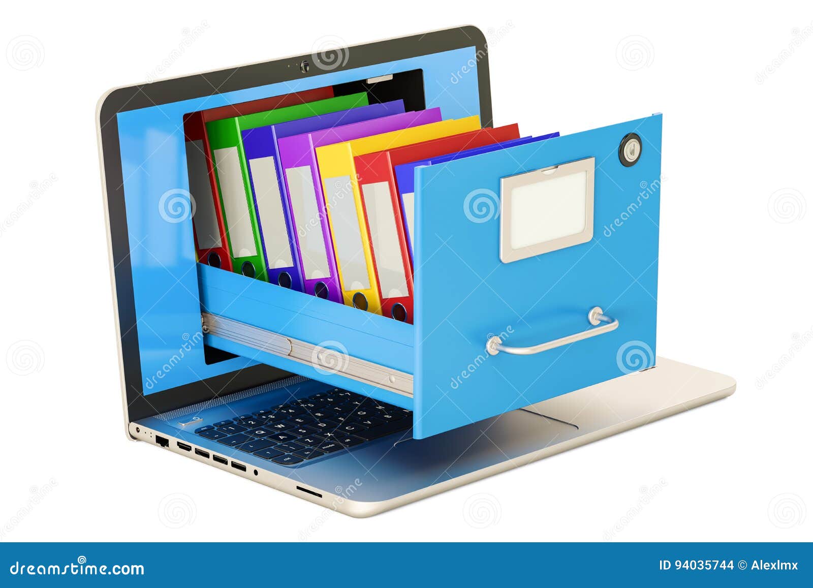 Laptop Data Storage Notebook With Folders In Filing Cabinet 3d