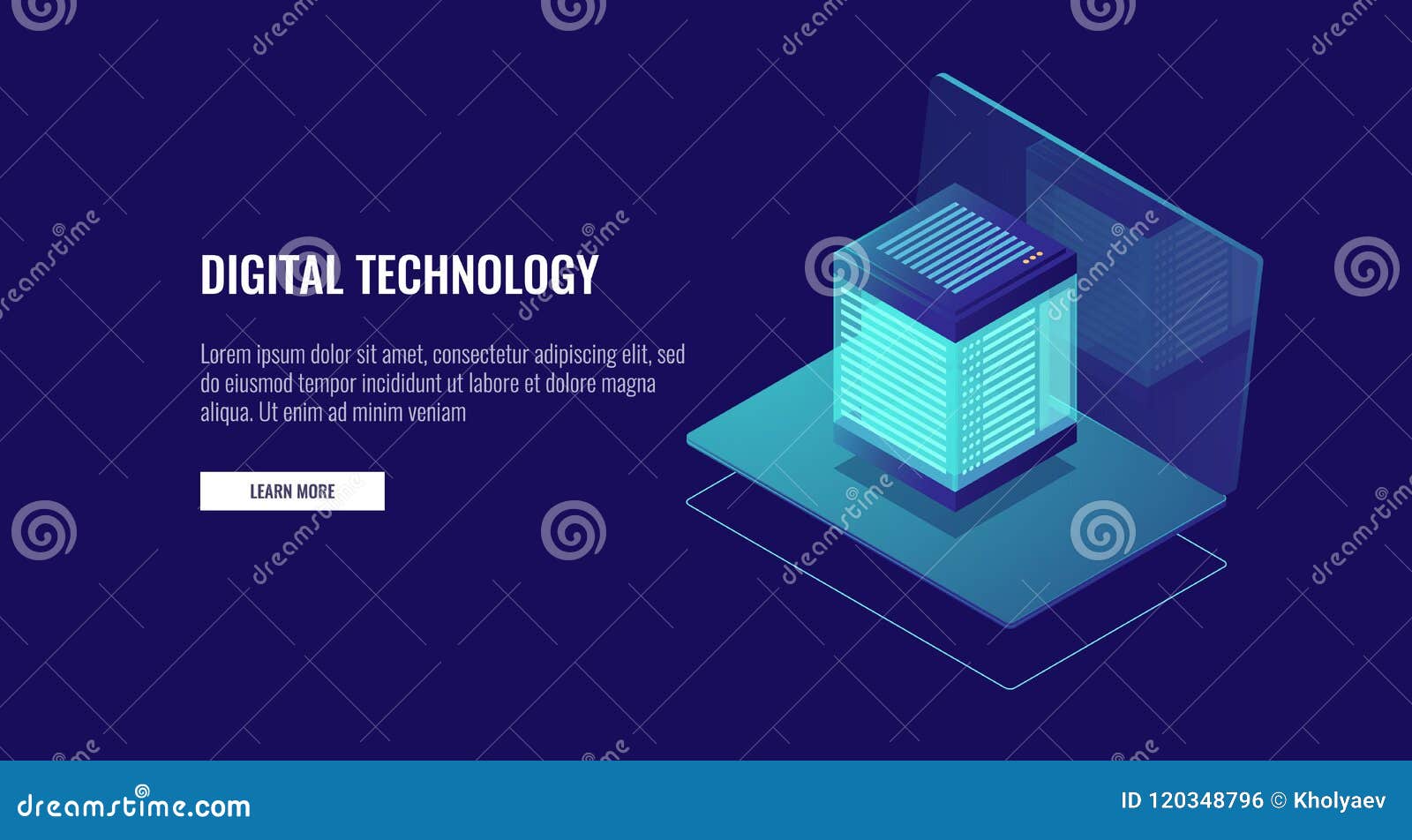 laptop with database icon, cloud data storage, web hosting, server room