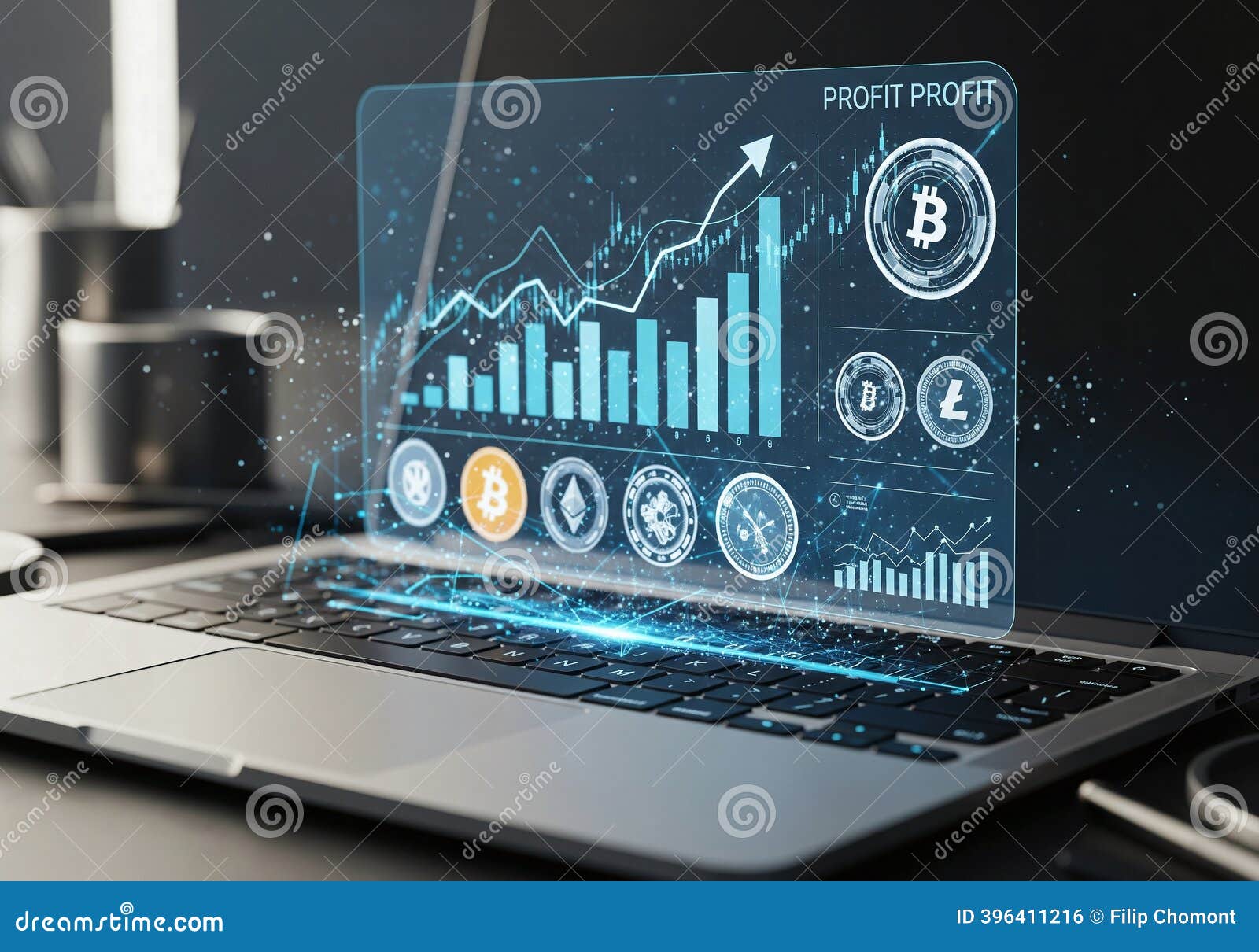 Business Analysis of Cryptocurrency Profit Charts and Data Projected on a  Transparent Screen on a Laptop - AI Generated Stock Illustration -  Illustration of lighting, laptop: 396411216