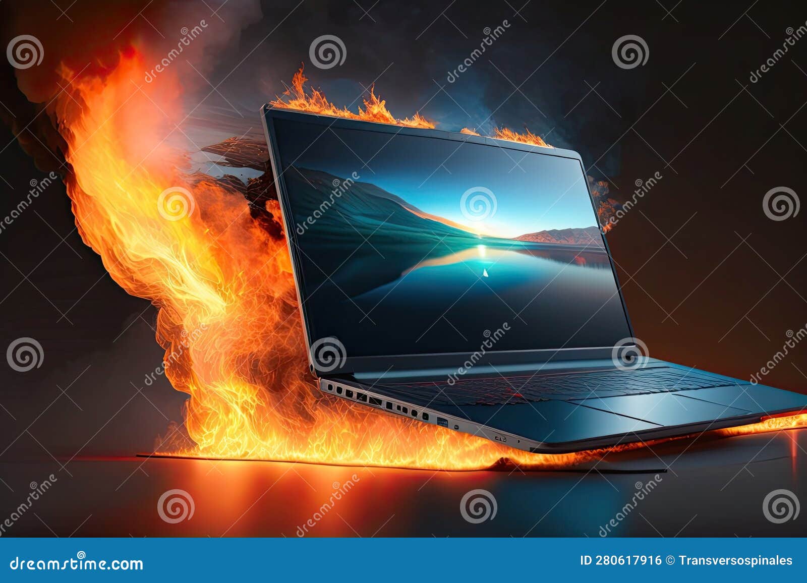Laptop on Fire Burn Generative AI Stock Illustration Illustration of