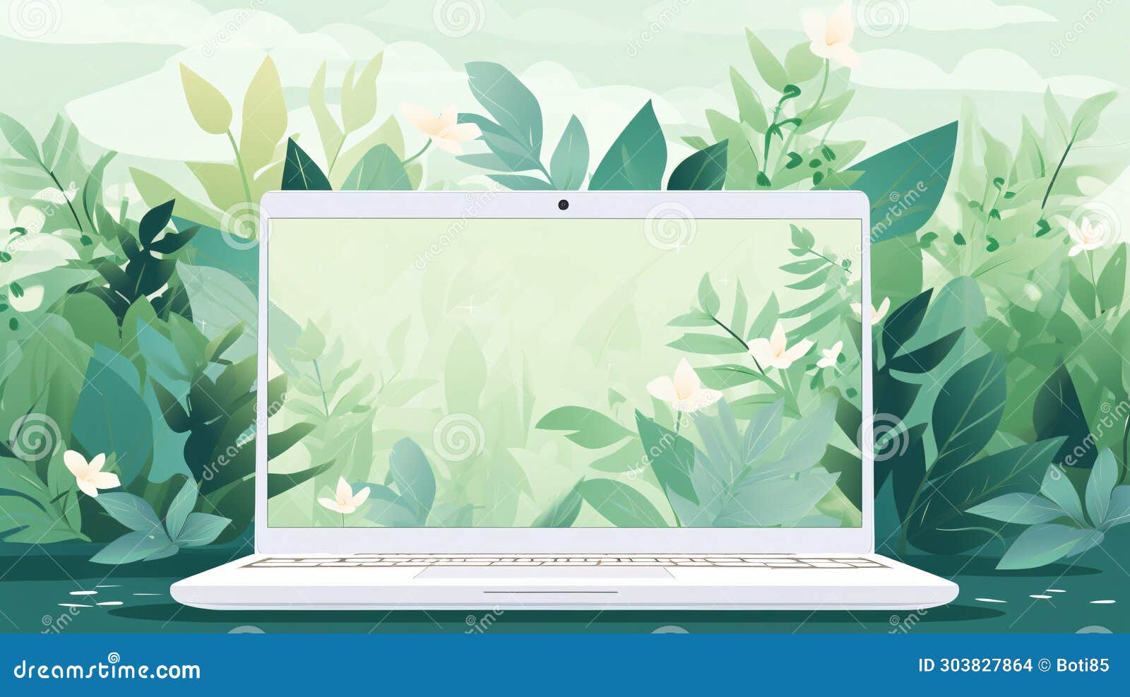 laptop in green vegetation, representing eco friendliness in build materials
