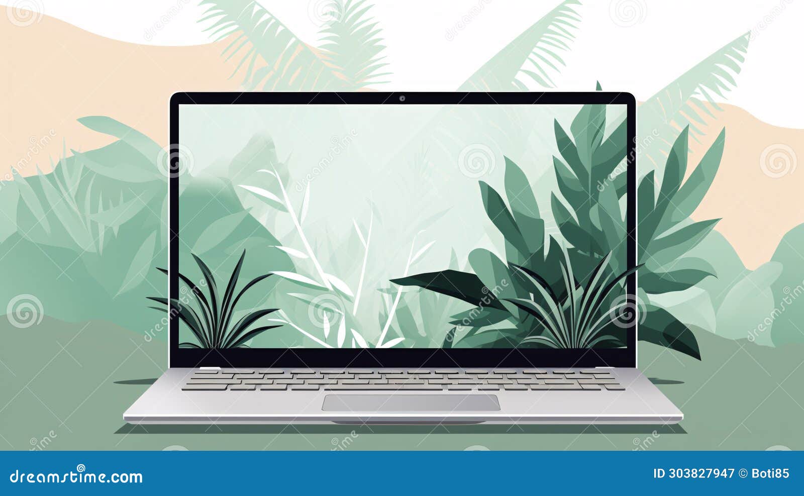 laptop in green vegetation, representing eco friendliness in build materials