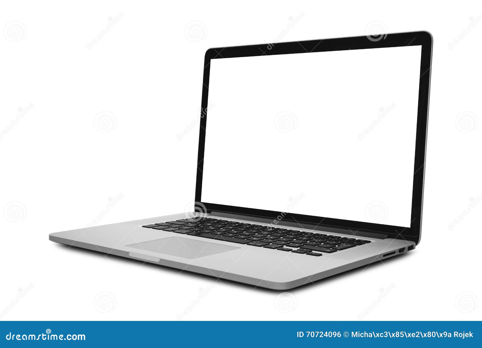 Laptop mit dem leeren Bildschirm in winkliger Position lokalisiert auf weißem Hintergrund