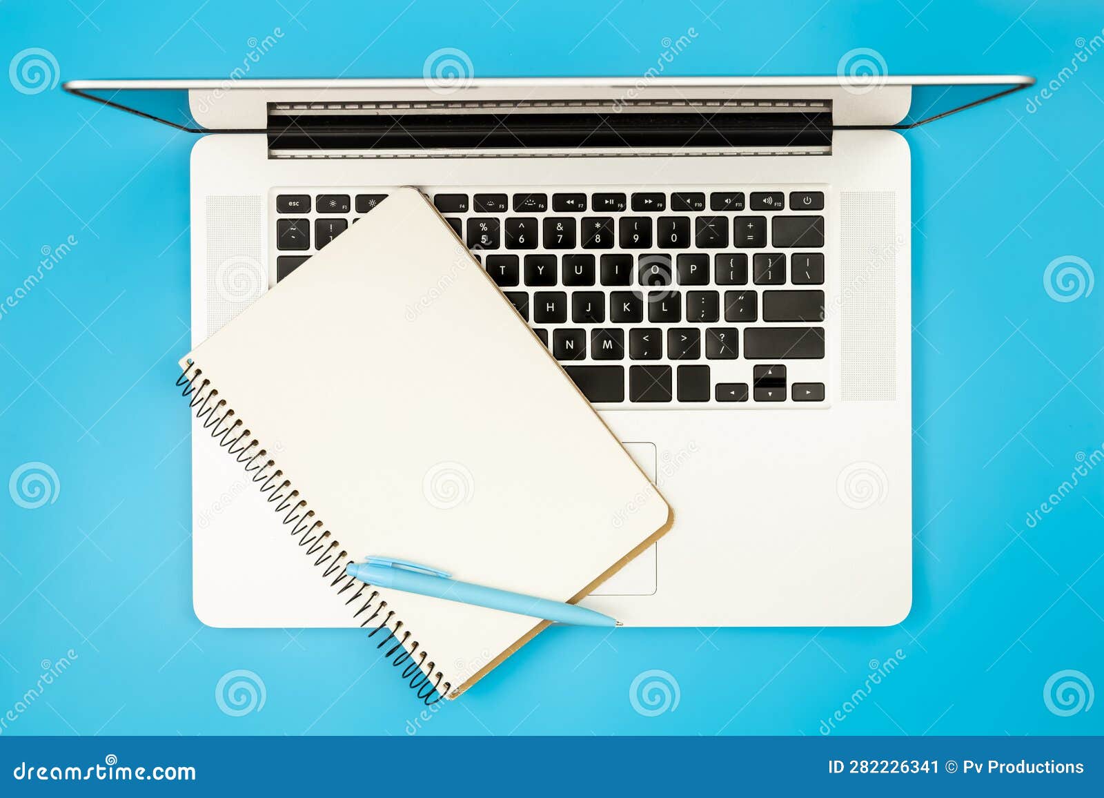 Laptop and Notepad on a Blue Background, Flat Lay. Stock Image Image of work, page 282226341