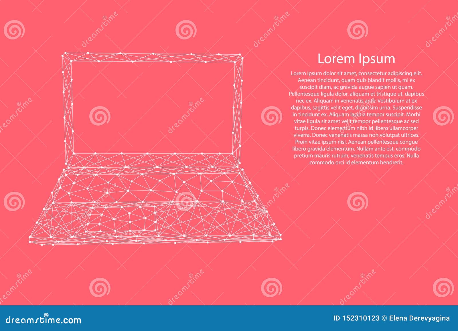 laptop open notebook portable from abstract futuristic polygonal white lines and dots on pink rose color coral background for