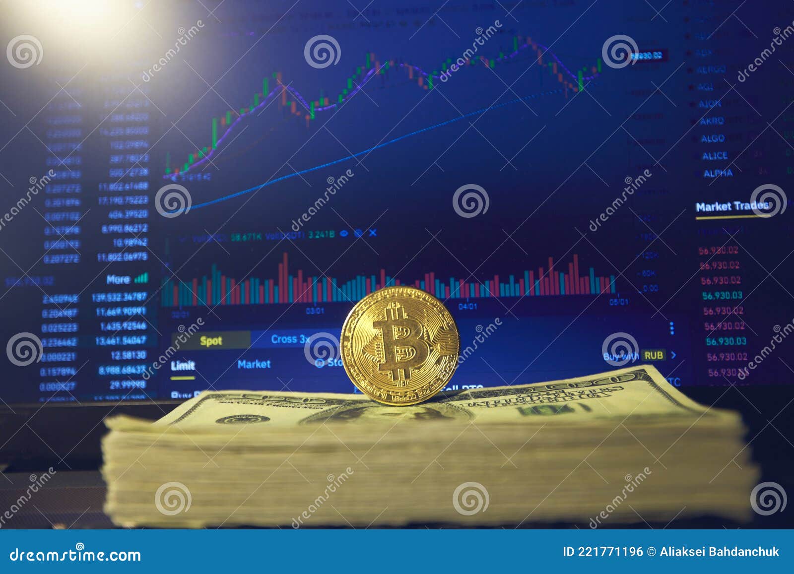 On the Laptop Panel, a Gold Bitcoin Coin is on a Pack of One Hundred Dollar  Bills, a Page for Changing Cryptocurrency Rates is Stock Photo - Image of  diagram, concept: 221771196