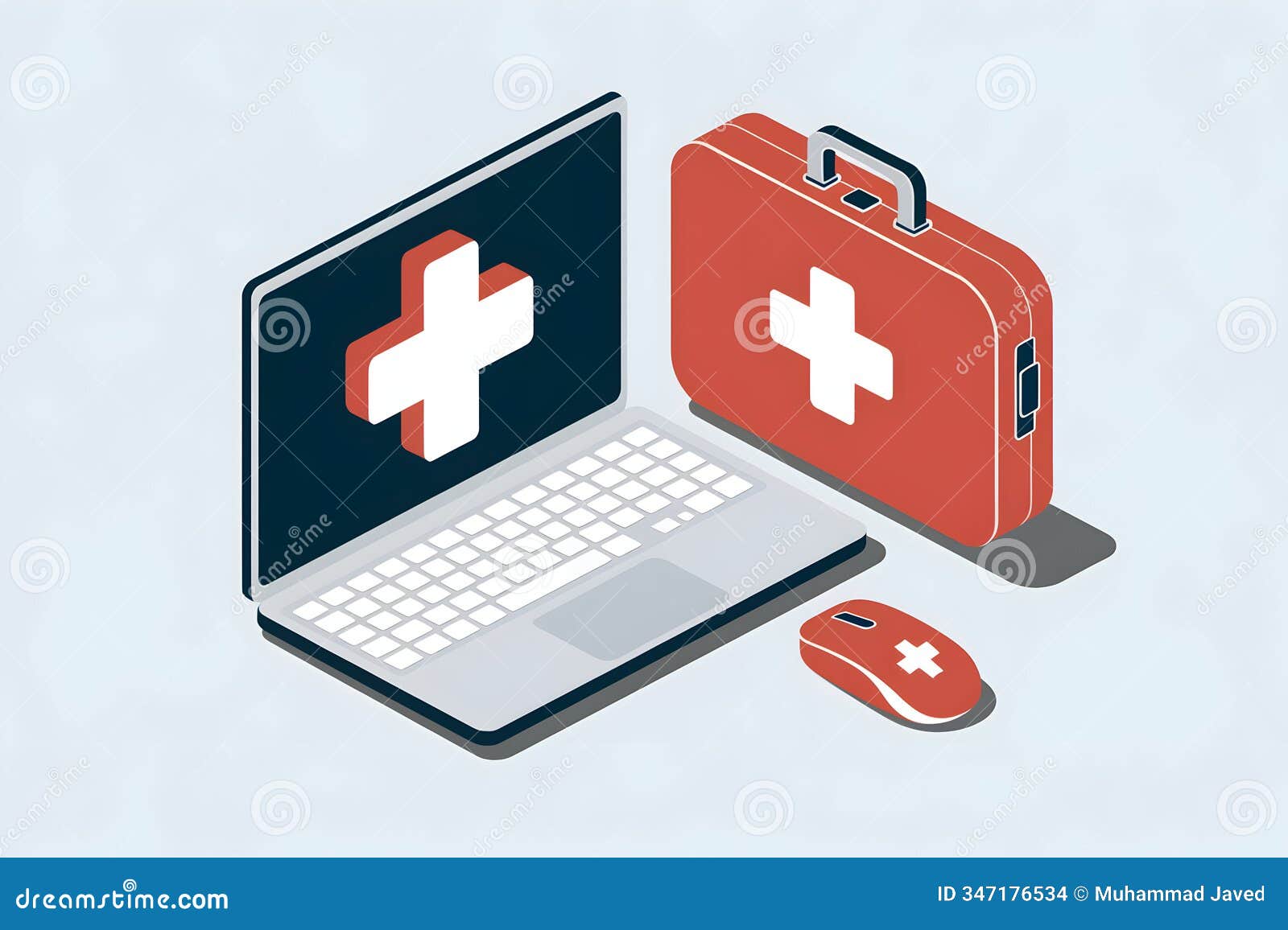 laptop with red cross on screen next to red suitcase, emergency themed setup